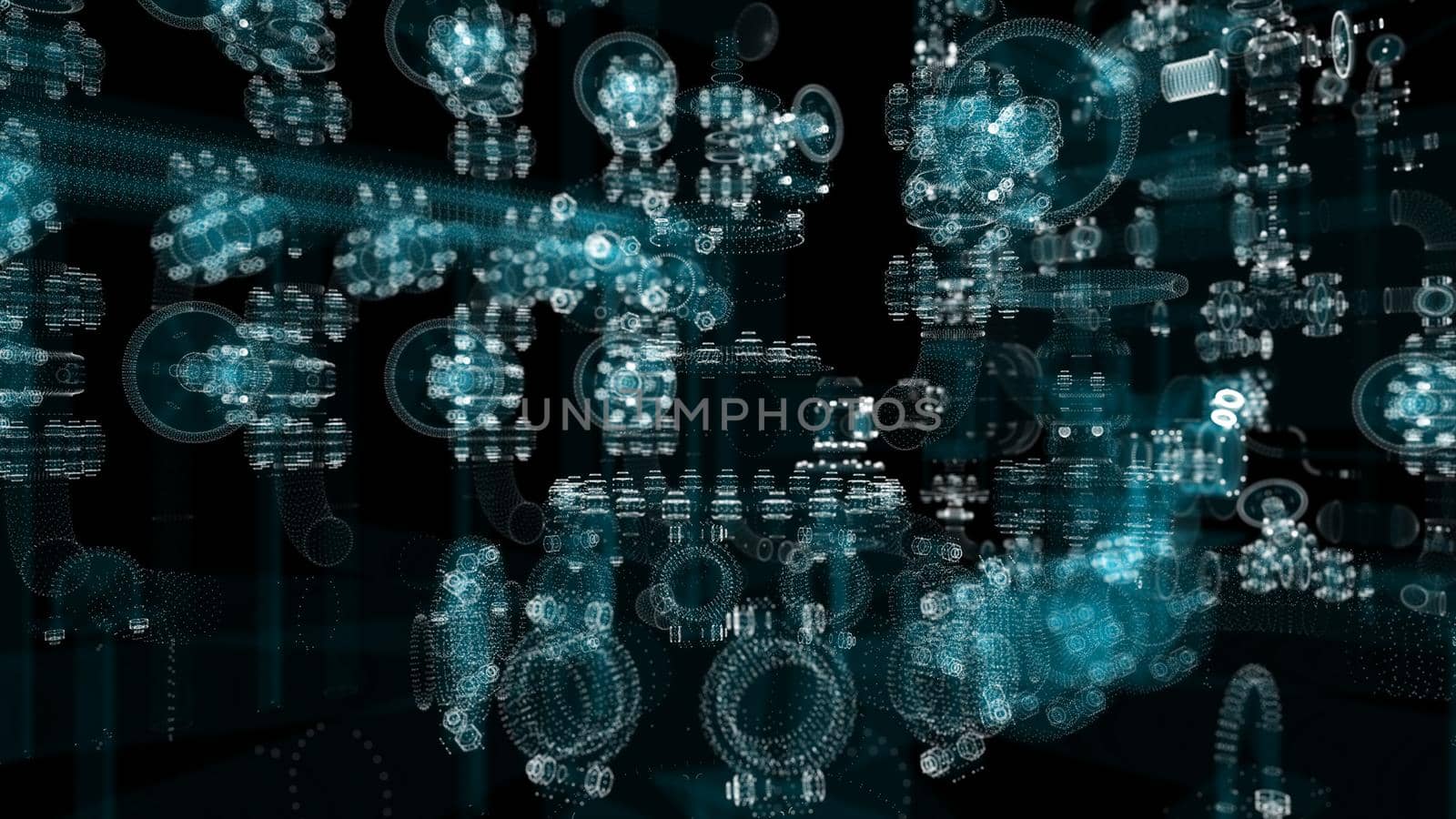 Industrial Technology Concept. Particle hologram industrial equipment, valves, pipes and sensors. Industry 4.0 High Tech Concept. 3d illustration