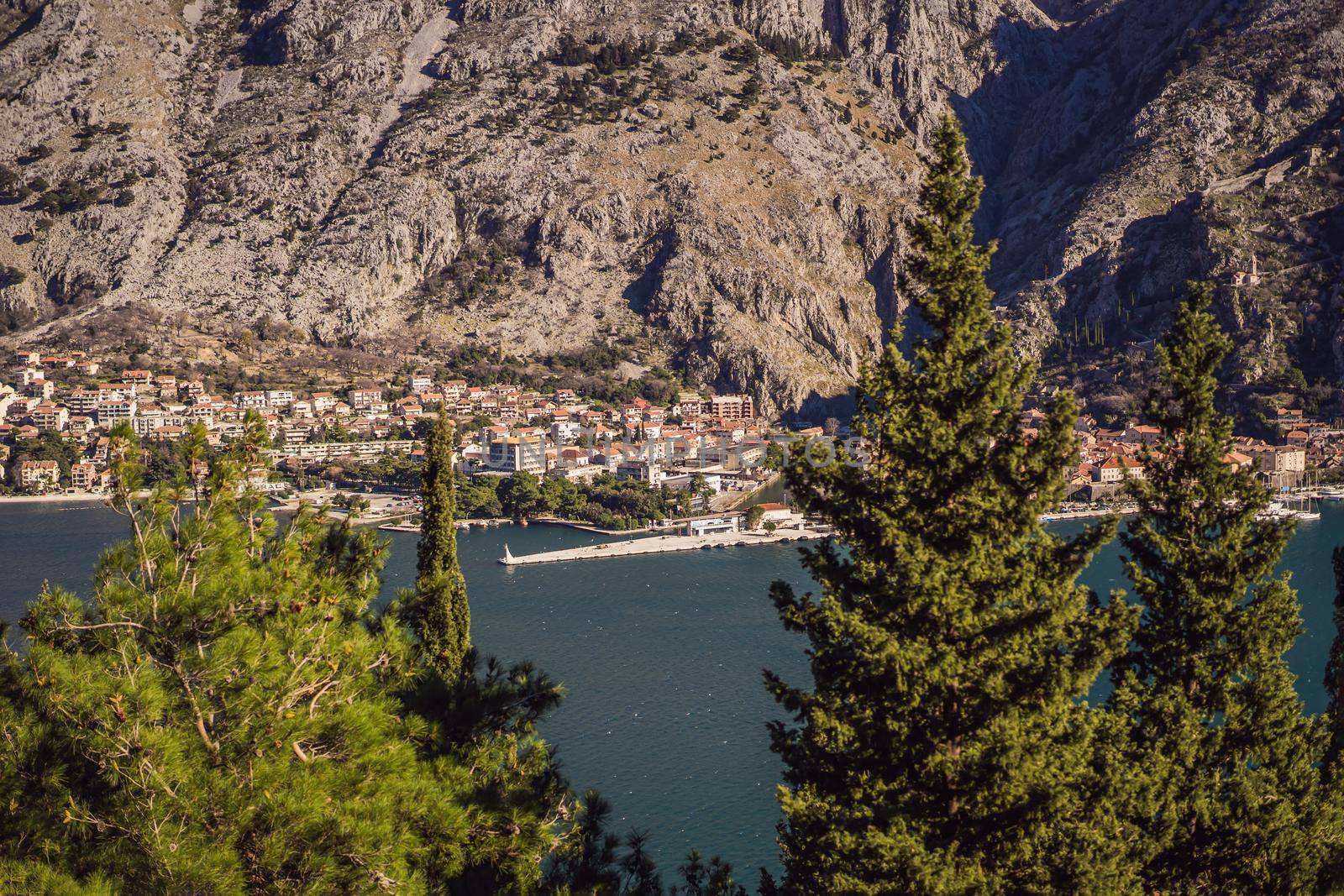 Old city. Kotor. Montenegro. Narrow streets and old houses of Kotor at sunset. View of Kotor from the city wall. View from above.