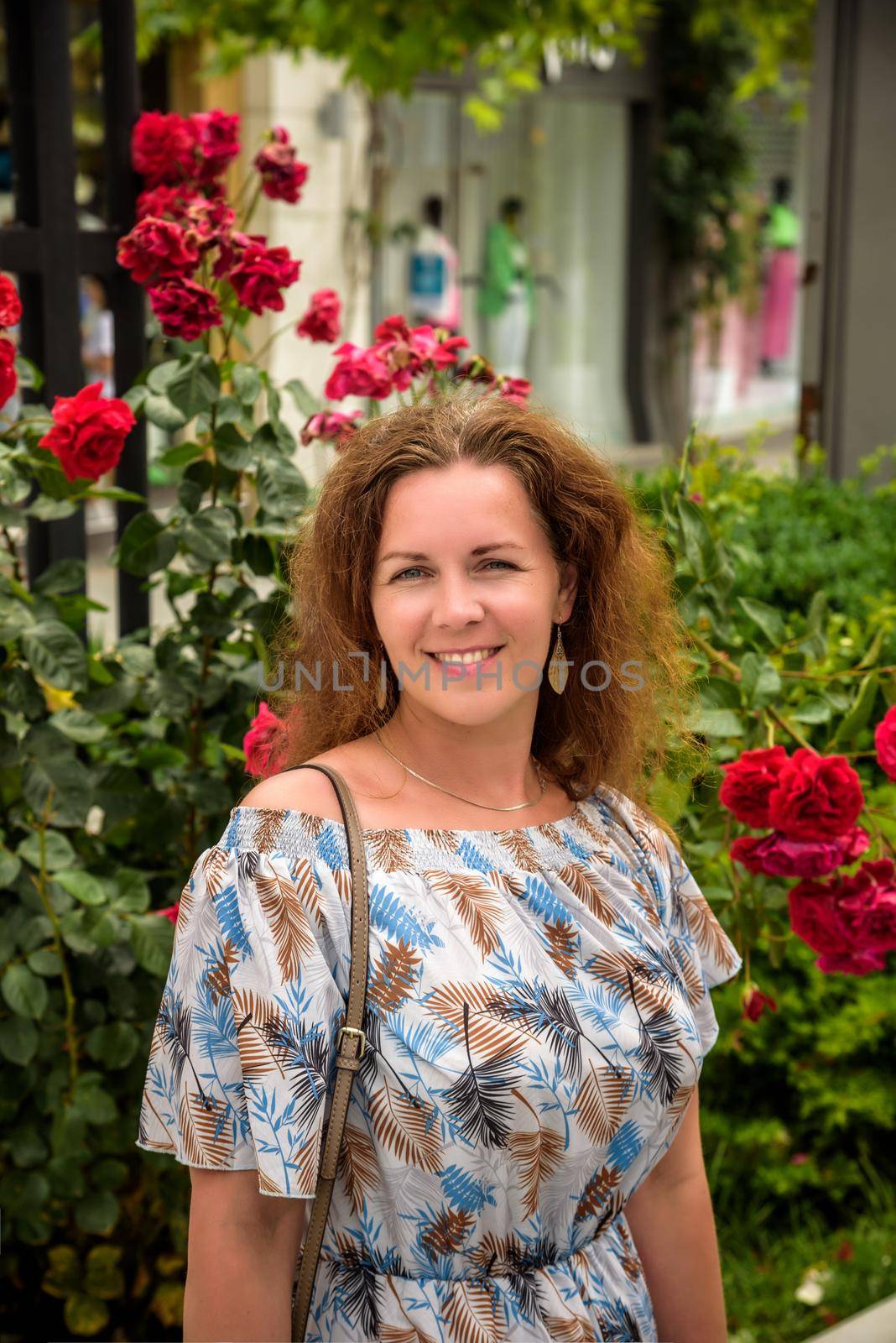 Close-up Fashion woman portrait of young pretty trendy girl posing at the city in Europe,summer street fashion, Laughing and smiling portrait.