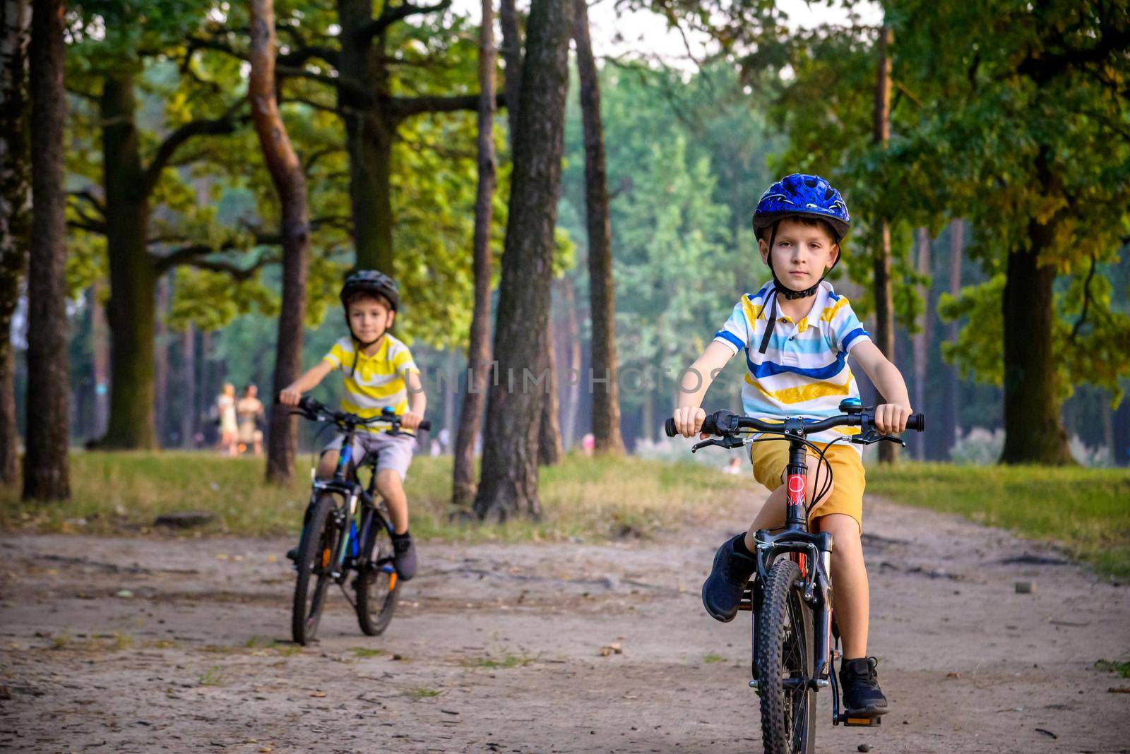 Two little kid boys in colorful casual clothes in summer forest park driving bicycle. Active children cycling on sunny fall day in nature. Safety, sports, leisure with kids concept by Kobysh