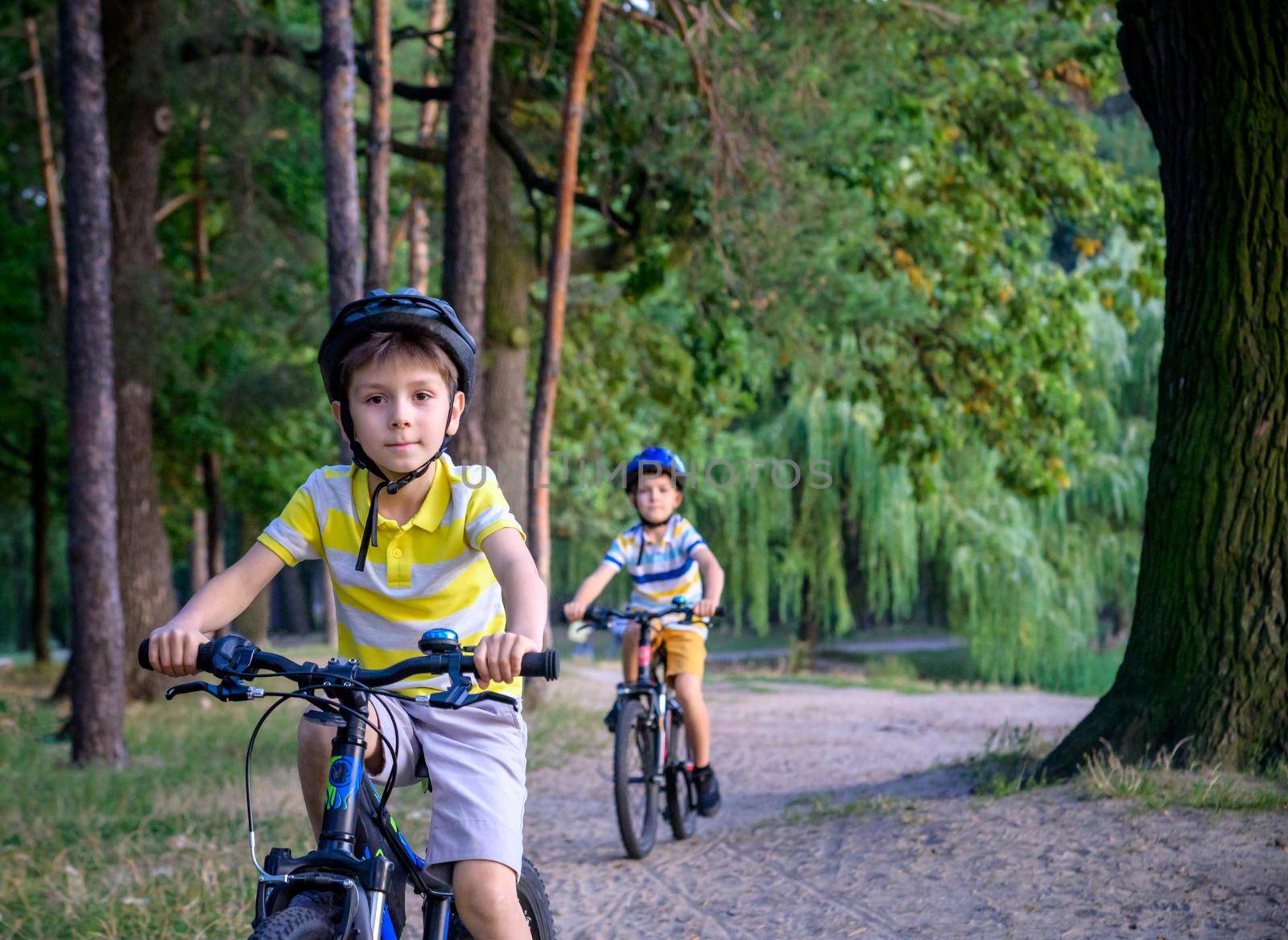 Two little kid boys in colorful casual clothes in summer forest park driving bicycle. Active children cycling on sunny fall day in nature. Safety, sports, leisure with kids concept.