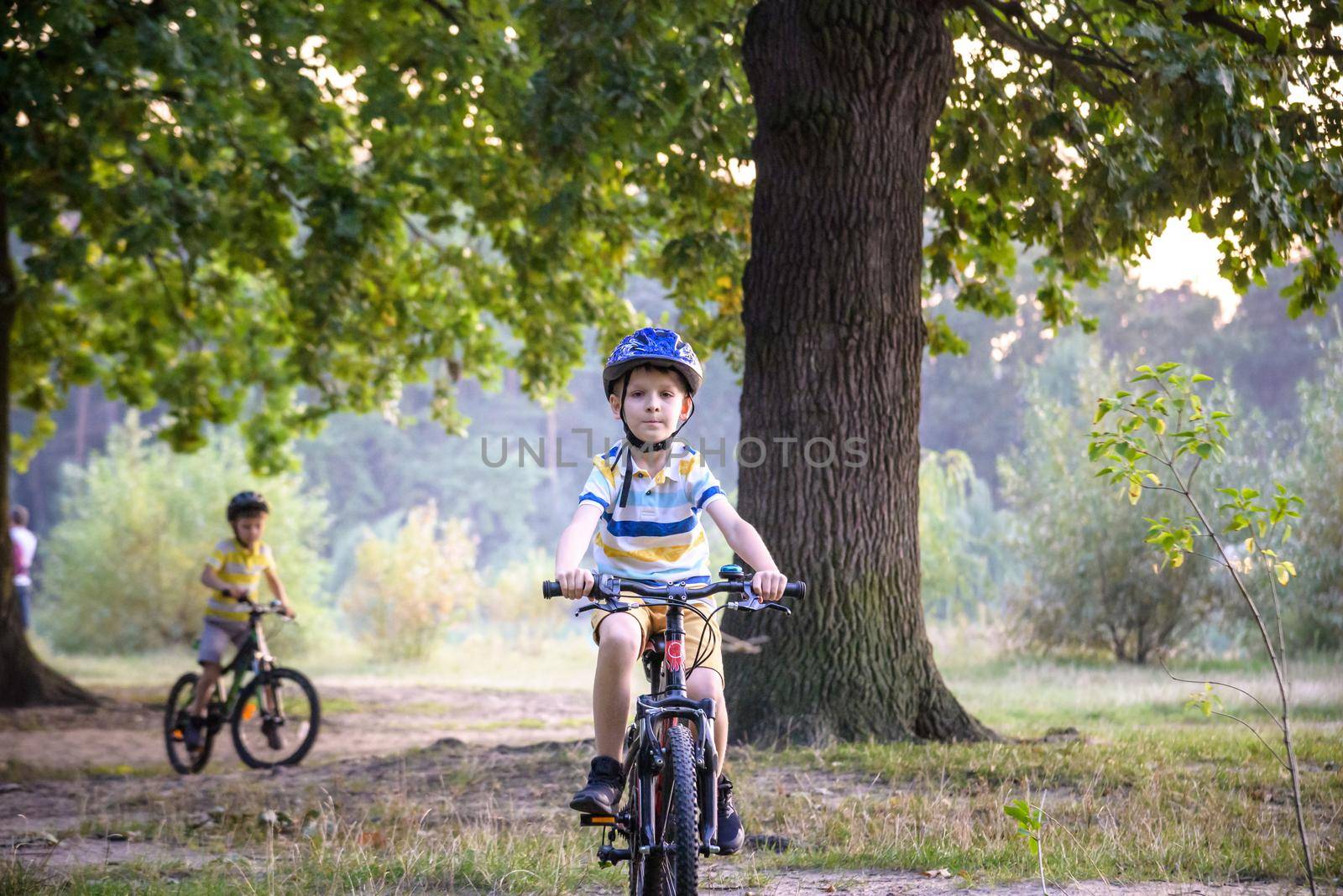Two little kid boys in colorful casual clothes in summer forest park driving bicycle. Active children cycling on sunny fall day in nature. Safety, sports, leisure with kids concept.