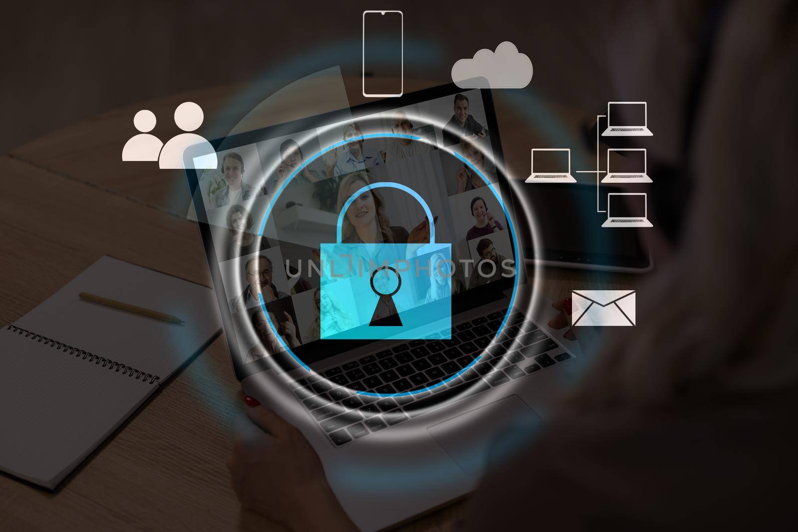 Digital cybersecurity and network protection concept. Virtual locking mechanism to access shared resources. Interactive virtual control screen with padlock. laptop on background.