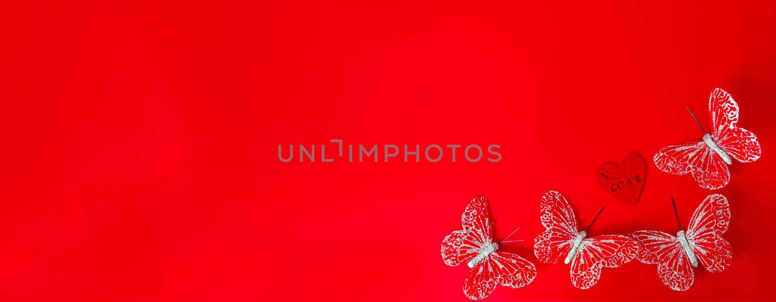 Valentine s day concept, red butterflies on red background. Greeting Cards. copy space