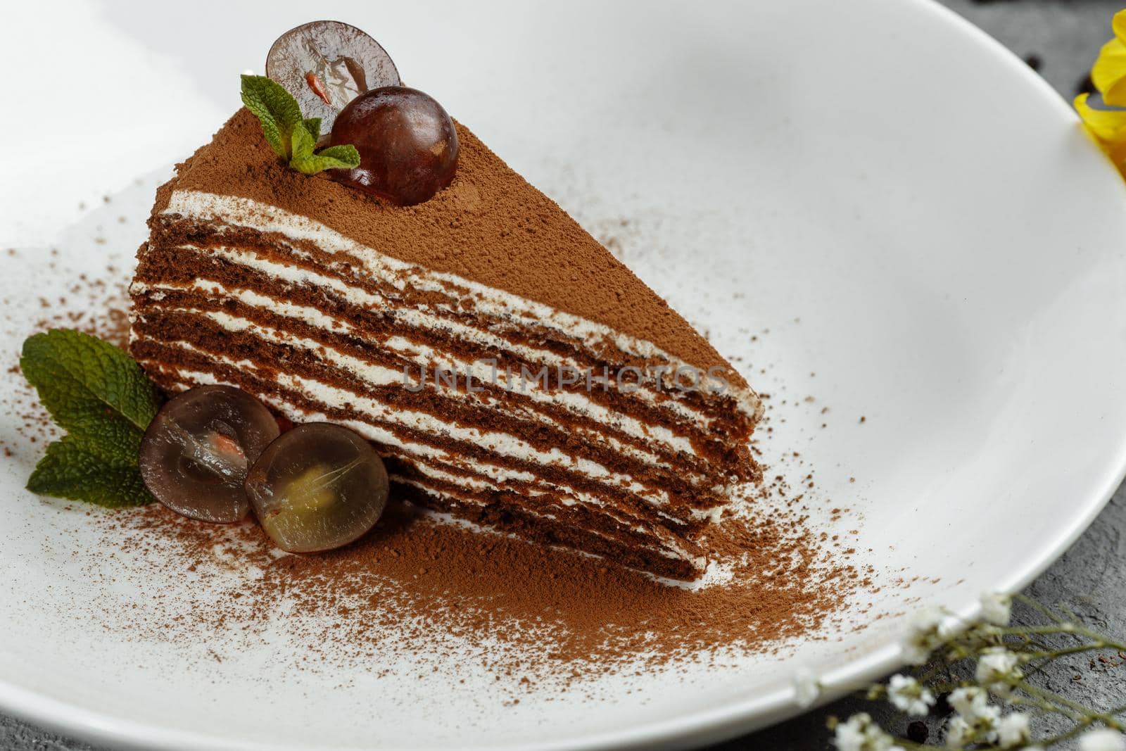 slice of homemade chocolate honey cake , selective focus.