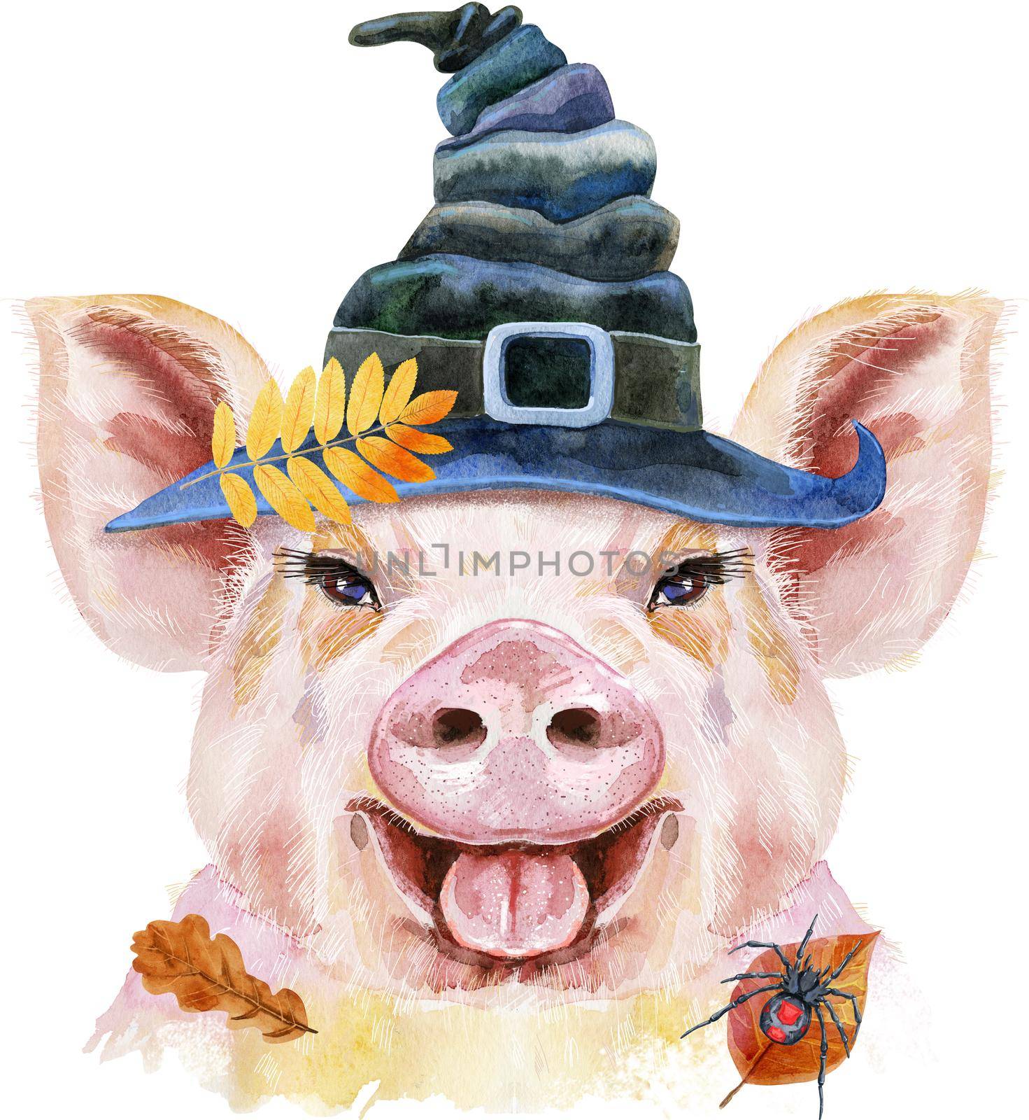 Watercolor portrait of pig in witch hat by NataOmsk