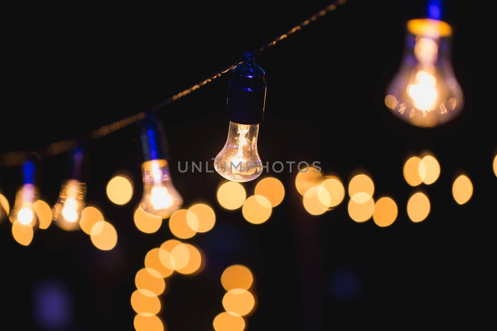 Light bulb decor in outdoor party. Evening wedding ceremony. by StudioPeace