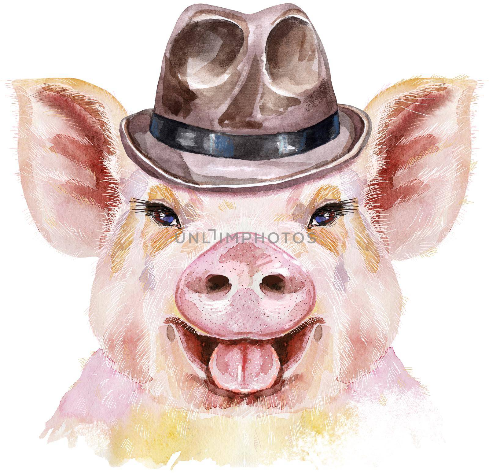 Cute piggy with in brown hat. Pig for T-shirt graphics.