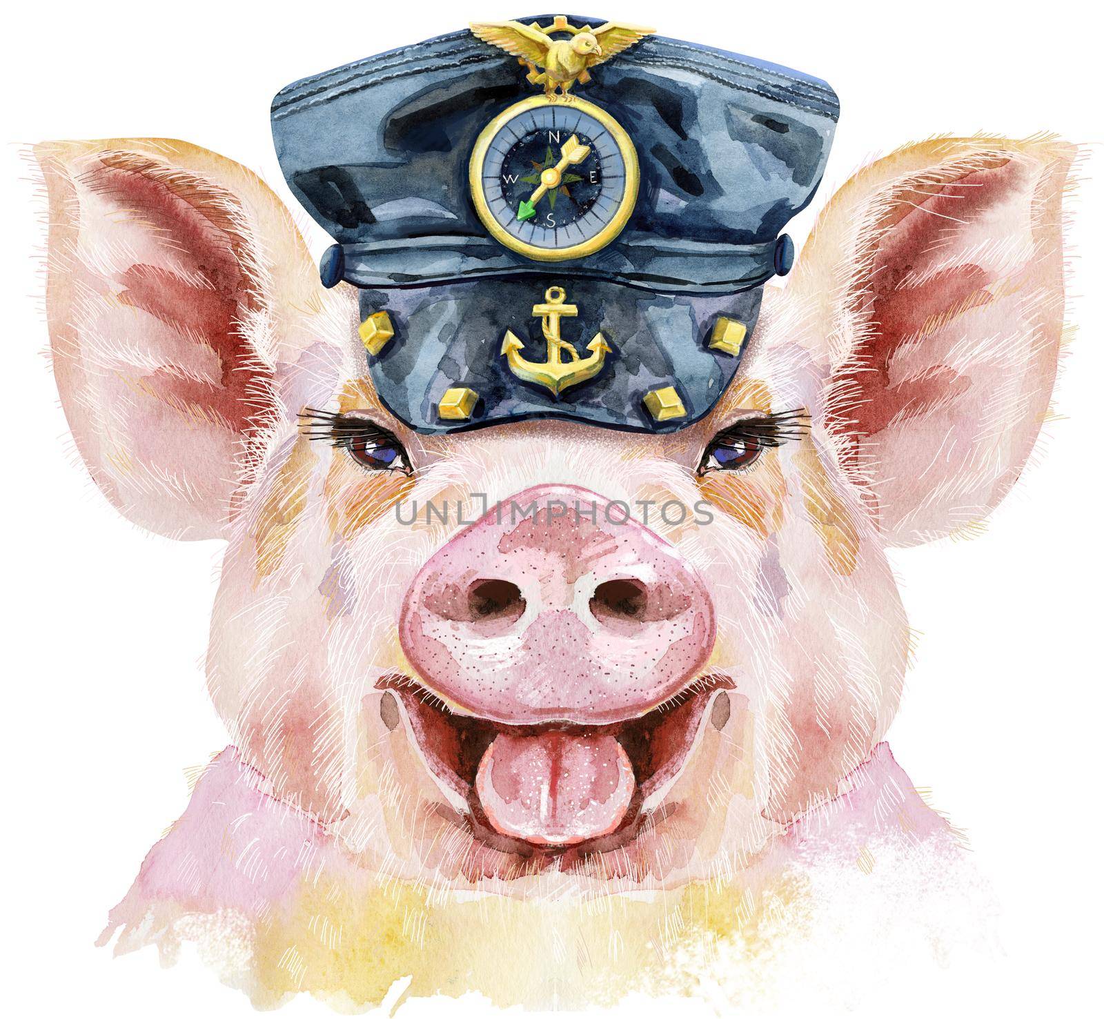 Watercolor portrait of pig in black leather cap by NataOmsk