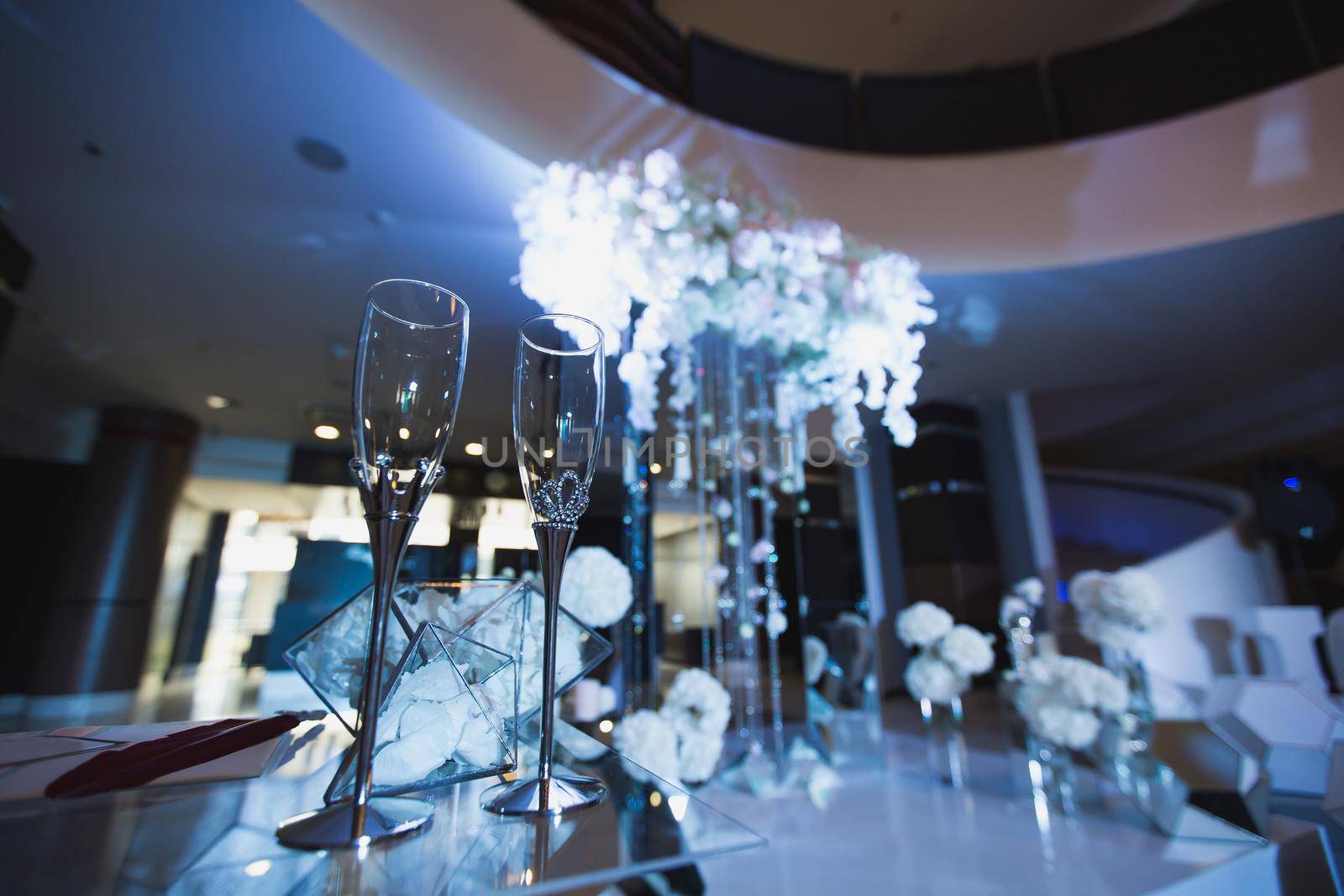 Wedding glasses at the registration Desk on-site ceremony.