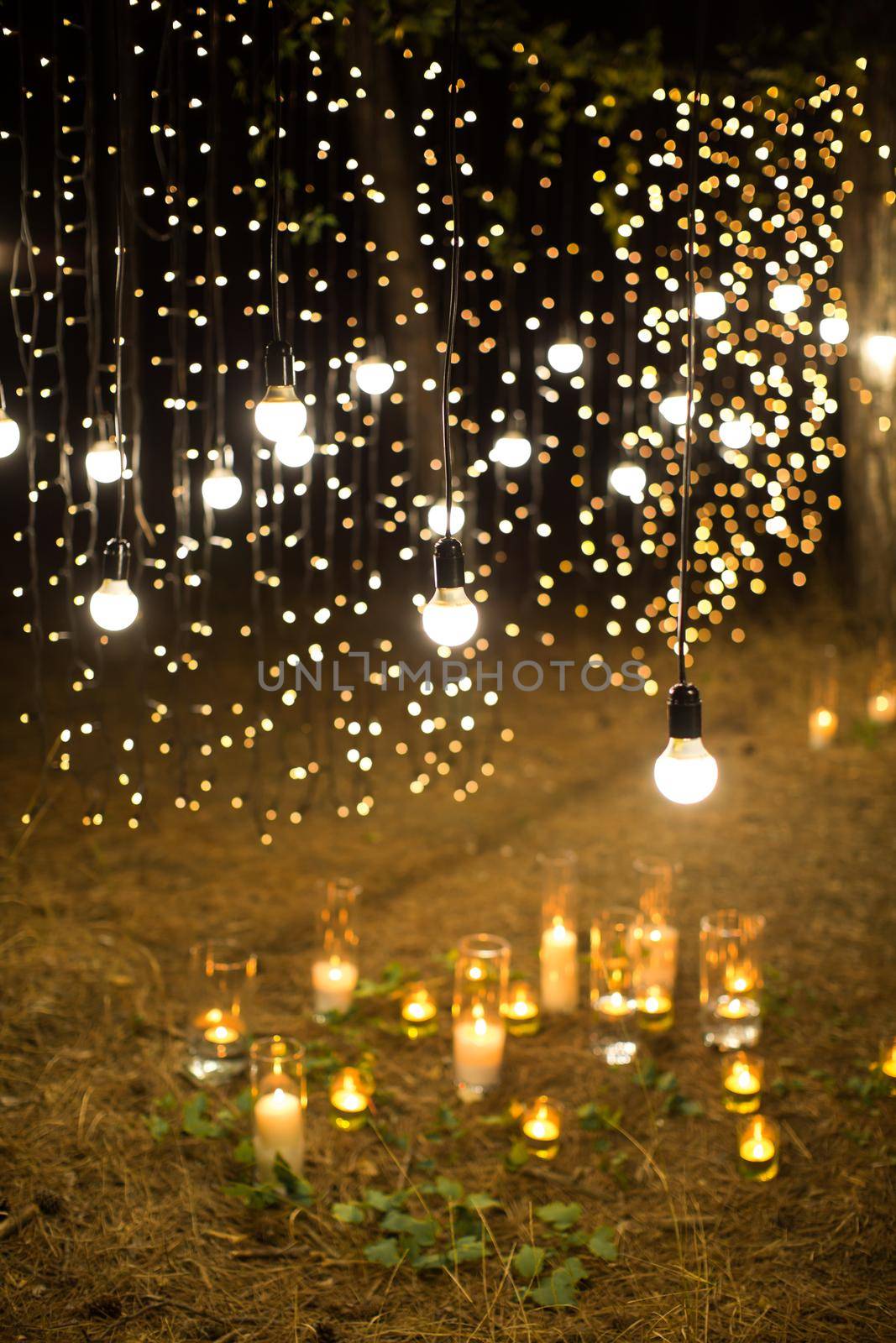 Wedding ceremony evening with candles and lamps in the coniferous pine forest. by StudioPeace