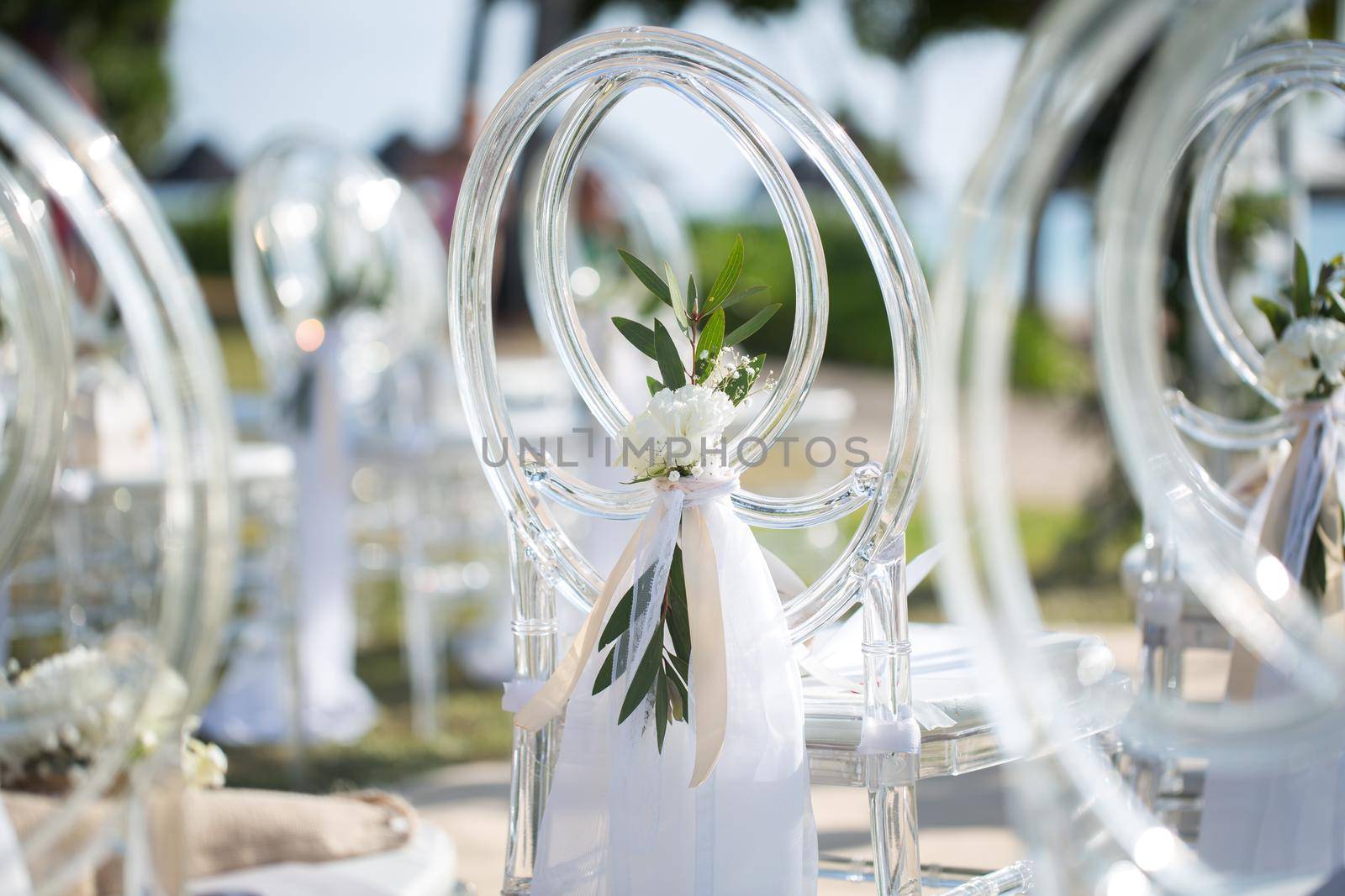 White transparent chairs at the wedding ceremony