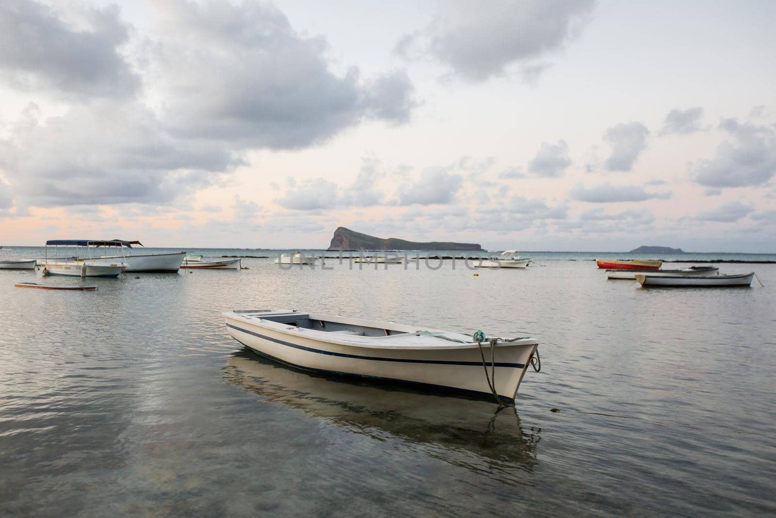 A lot of boats at sunset. Mauritius island