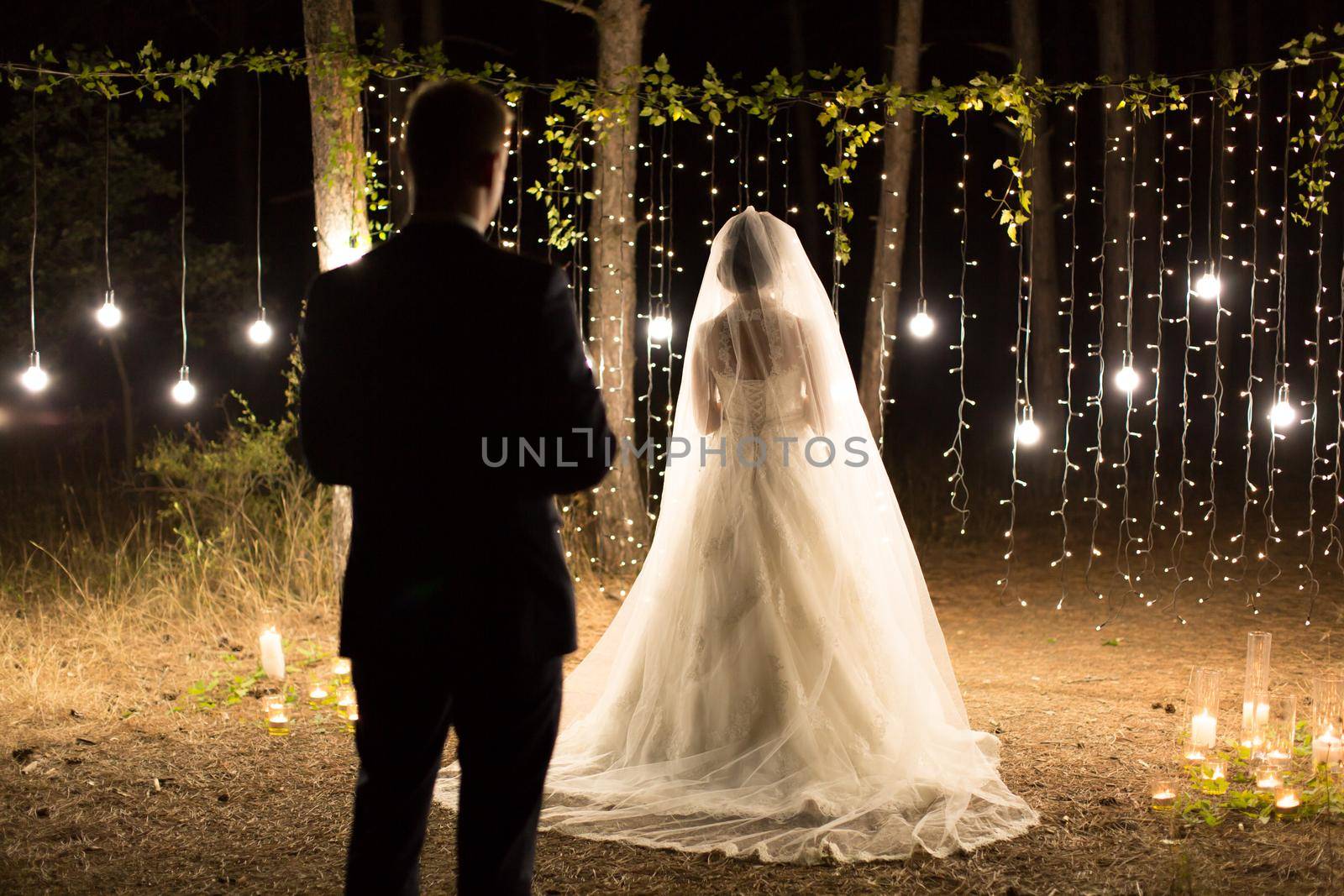 Wedding ceremony night. Meeting of the newlyweds, the bride and groom in the coniferous pine forest of candles and light bulbs.