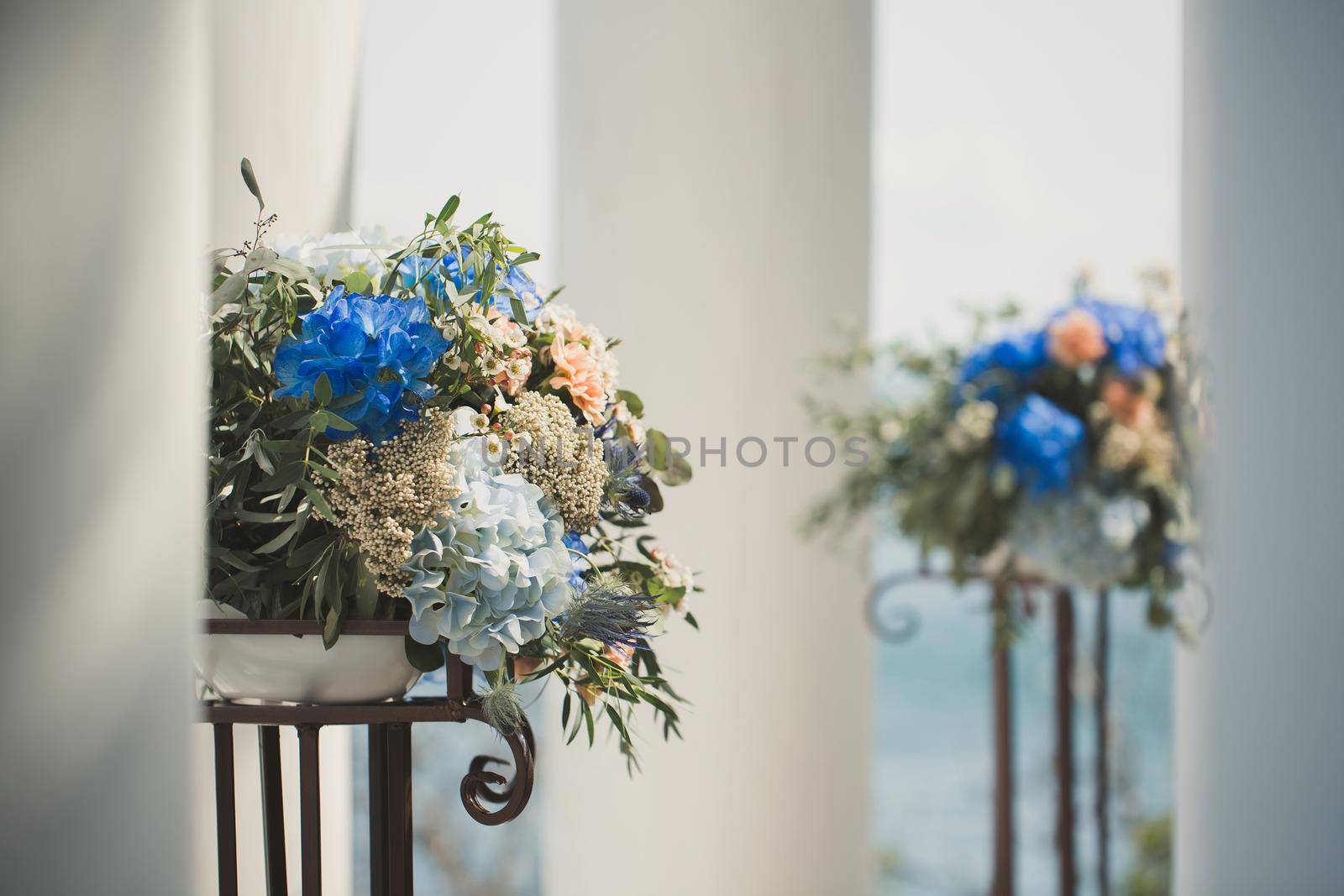 Decor of fresh flowers at the wedding ceremony.