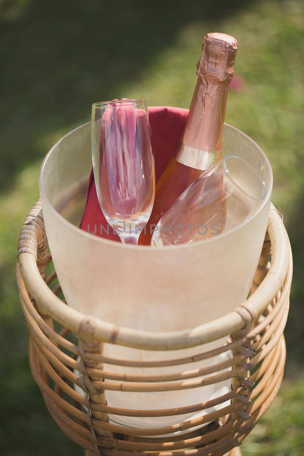 Champagne bottle in bucket with ice and glasses of champagne. by StudioPeace