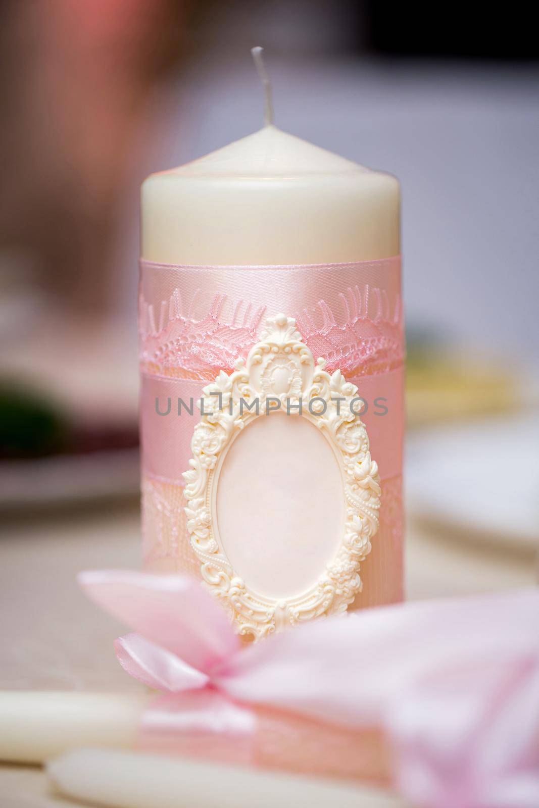 Wedding decor in pink style with crystals, lace, flowers and initials. Wedding candles for the family hearth. by StudioPeace