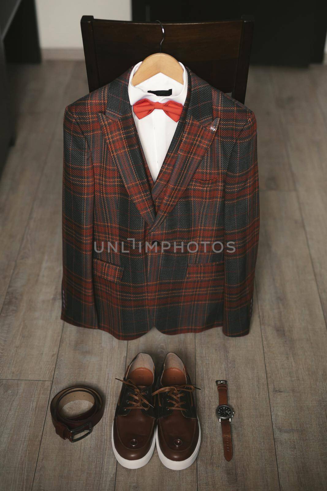 Stylish men's plaid suit and brown shoes, watch and groom's belt. by StudioPeace