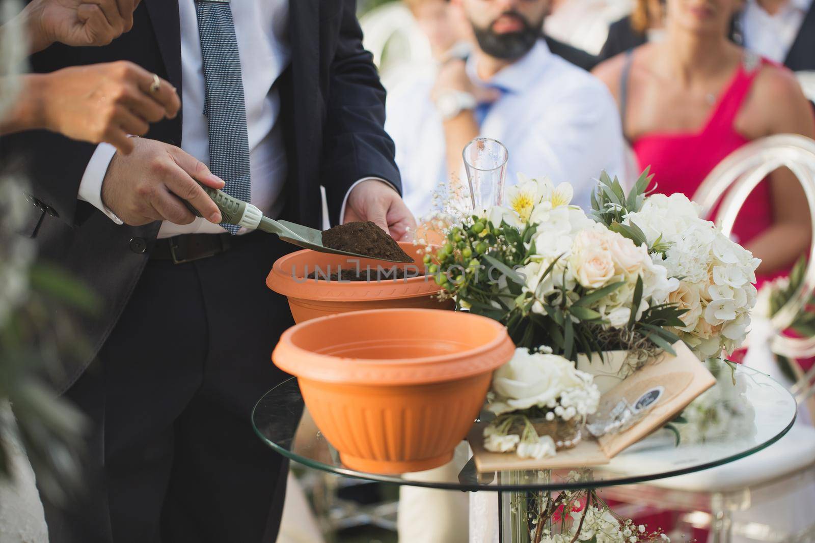 Family tradition. The bride and groom plant a plant in a pot during the wedding ceremony.
