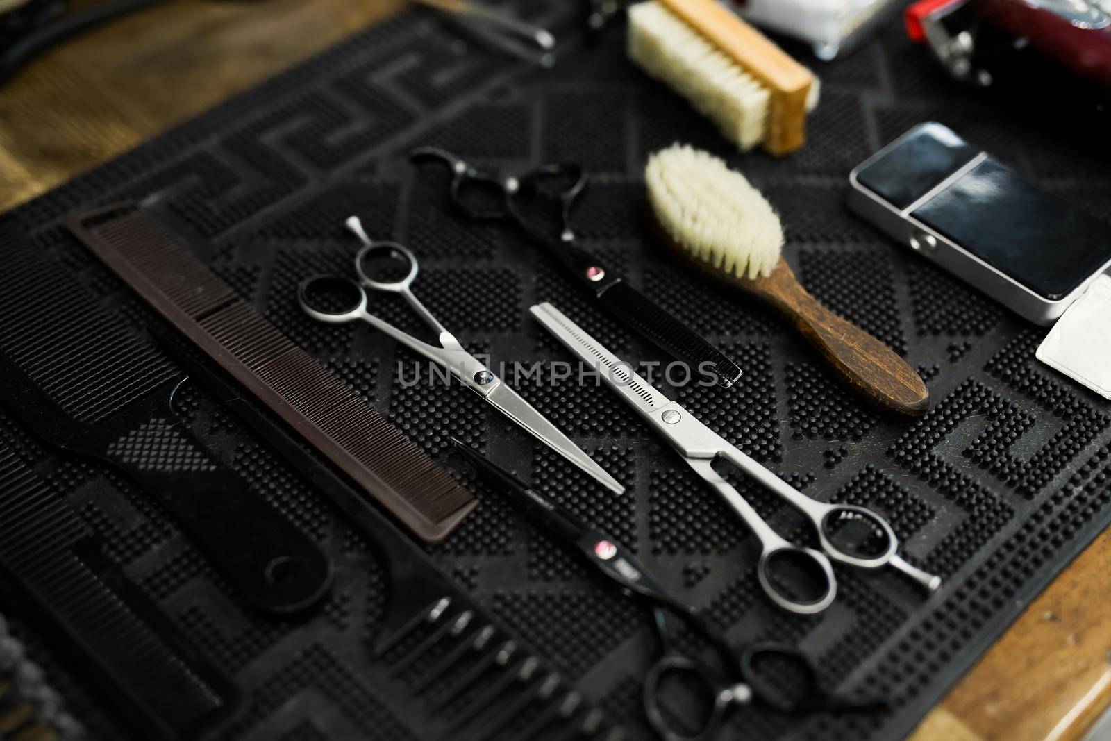 Hairdressing tools for a man close-up at a wedding. Barber.