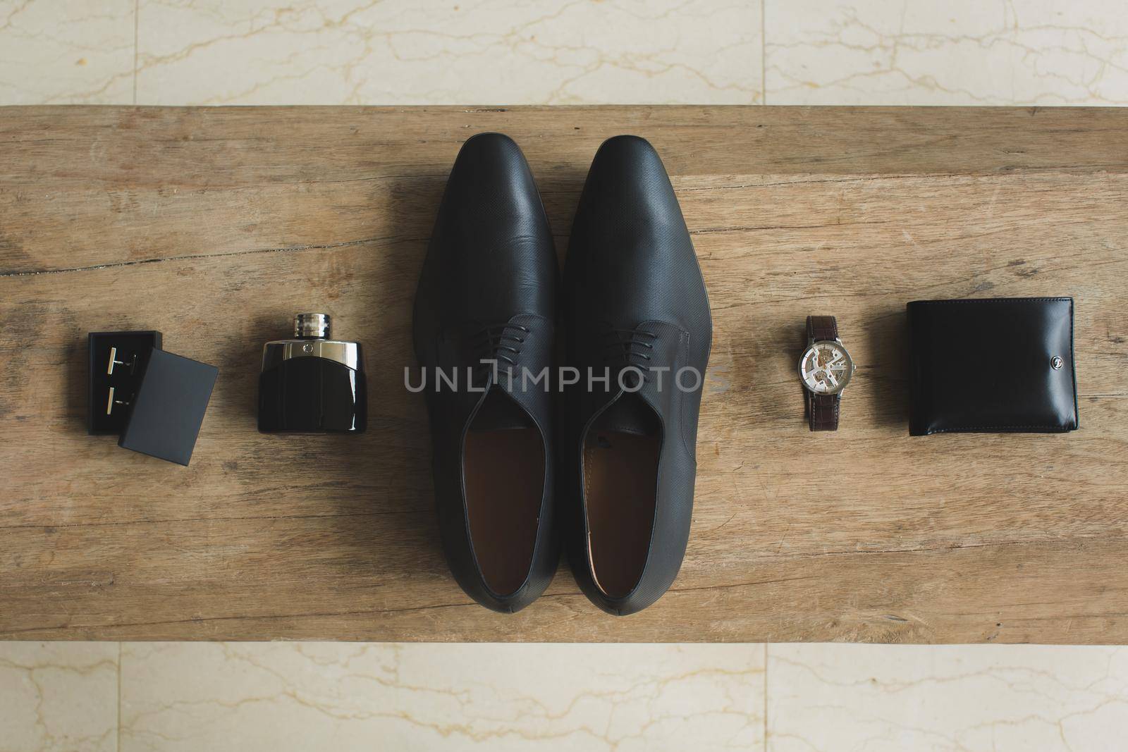 Essentials fashion man objects on wooden background. by StudioPeace
