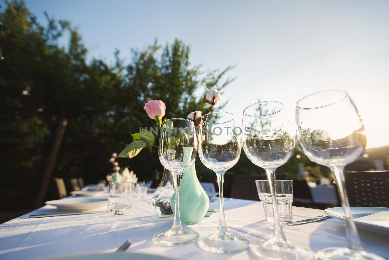 Glasses at a wedding Banquet. Table setting by StudioPeace