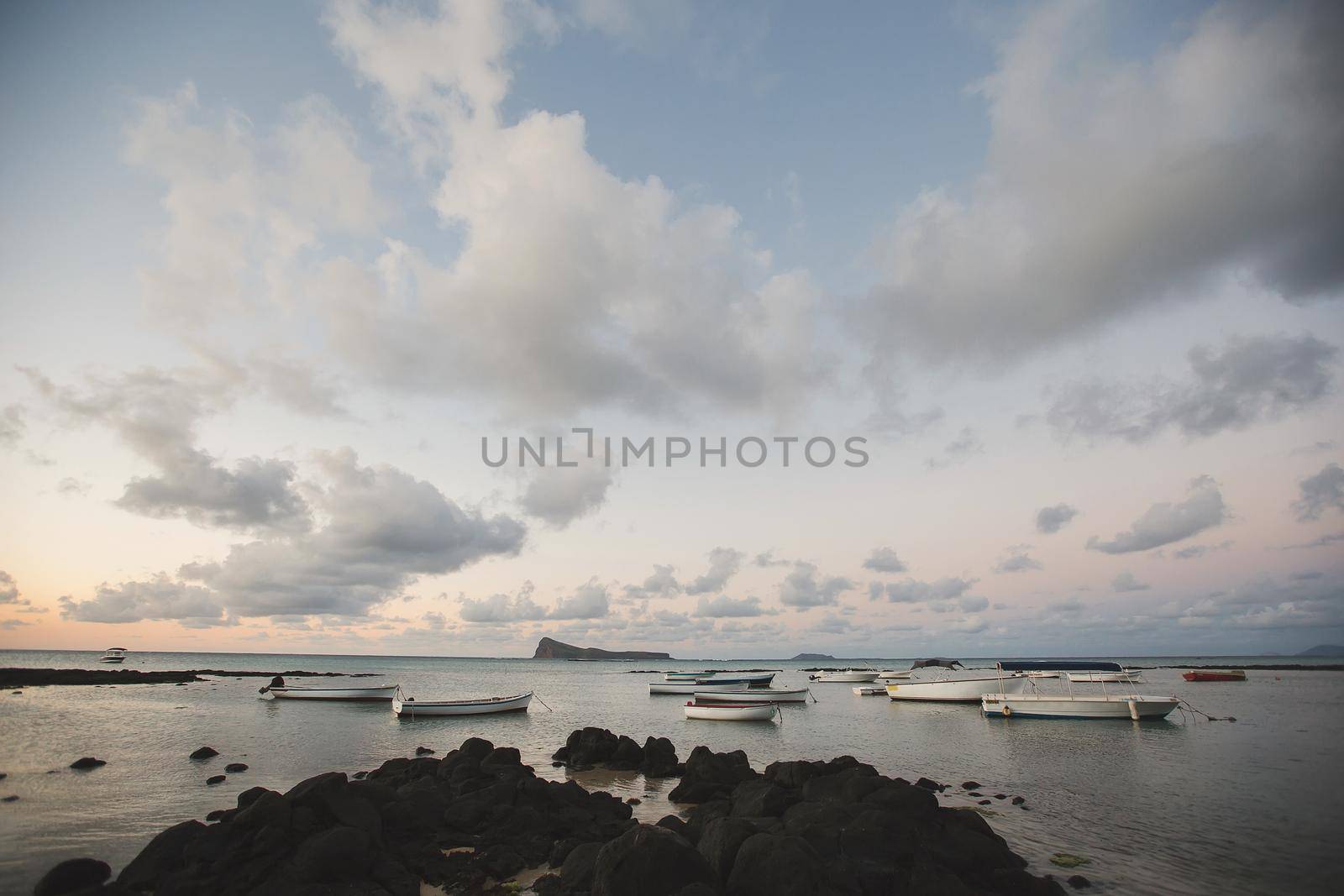 lot of boats at sunset. Mauritius island