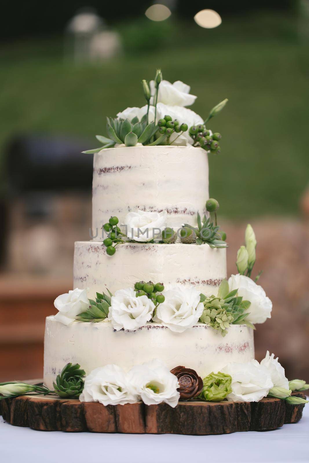 Beautiful wedding cake for newlyweds at a rustic wedding. A festive cake in the forest style on a wooden frame substrate by StudioPeace