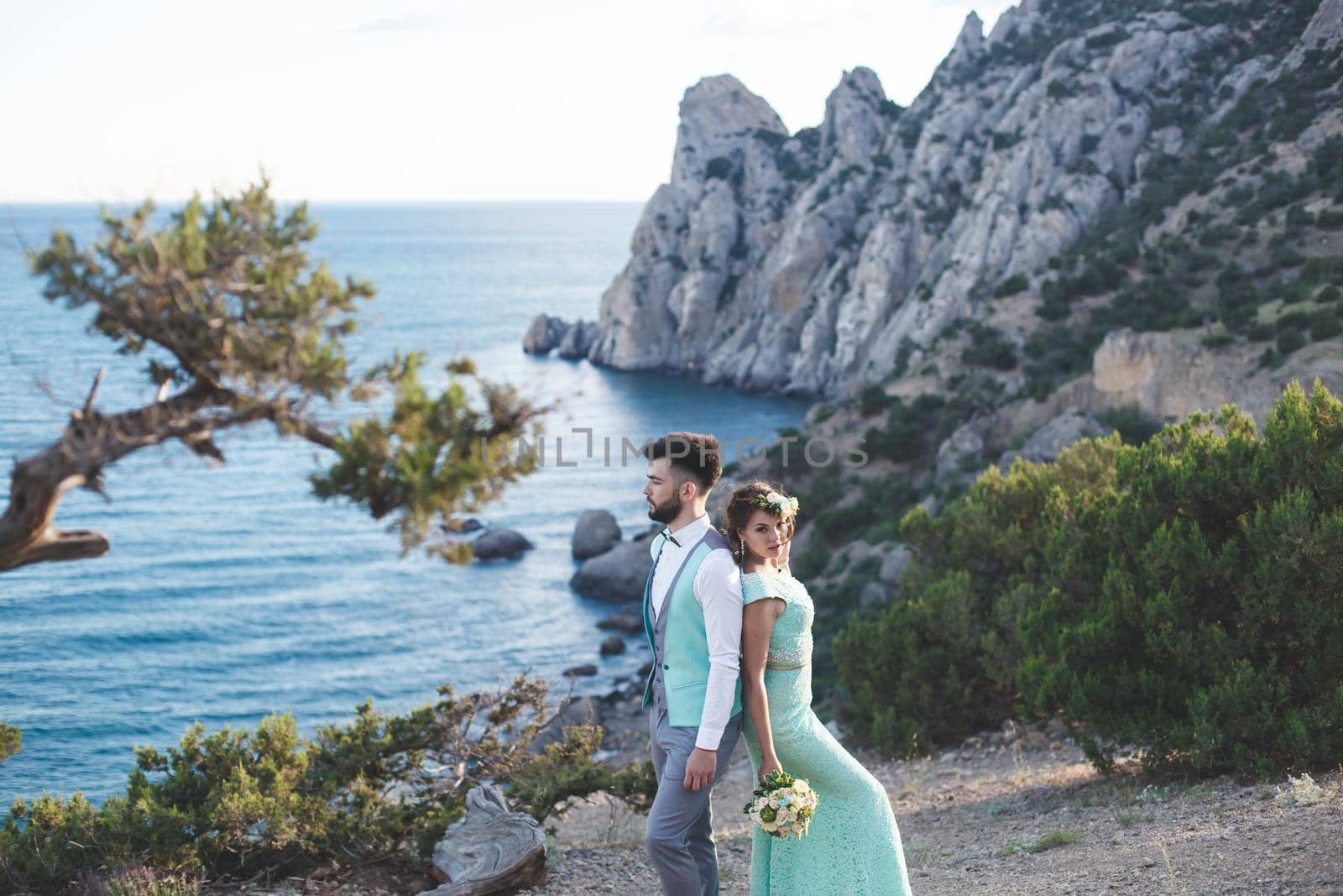 The bride and groom on nature in the mountains near the water. Suit and dress color Tiffany. Back to back.