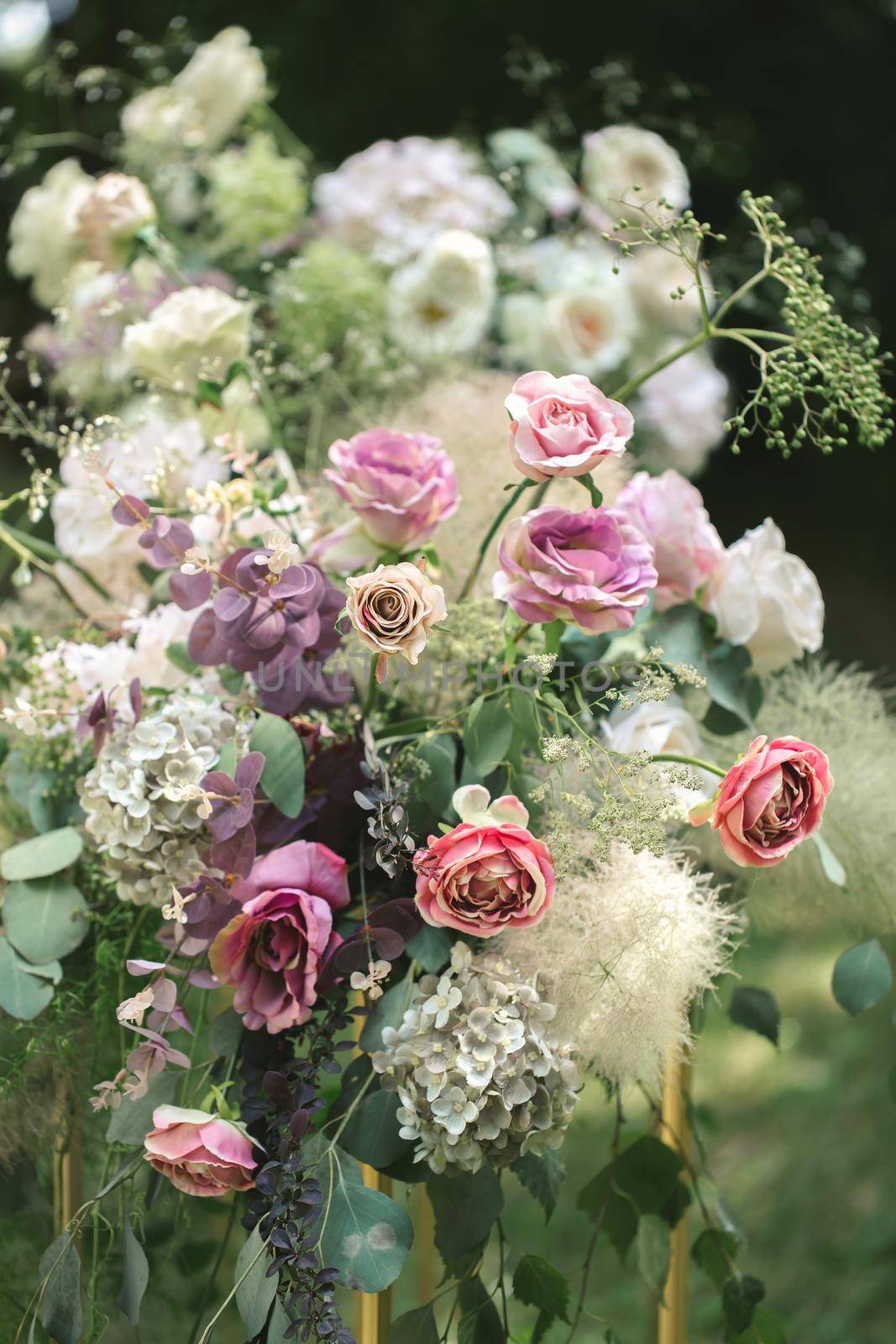 Details. Wedding ceremony in the open air of fresh flowers. Gentle and beautiful wedding decor for newlyweds by StudioPeace