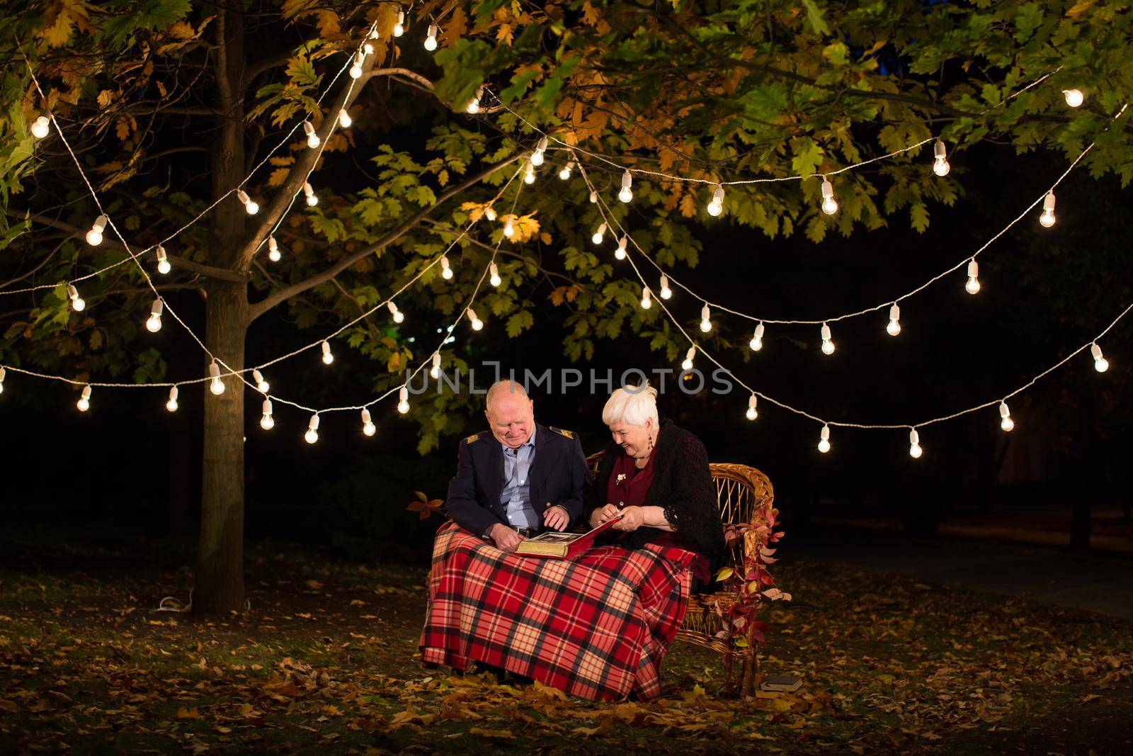 Happy elderly couple in the Park, grandma and grandpa. Look at the photo album.