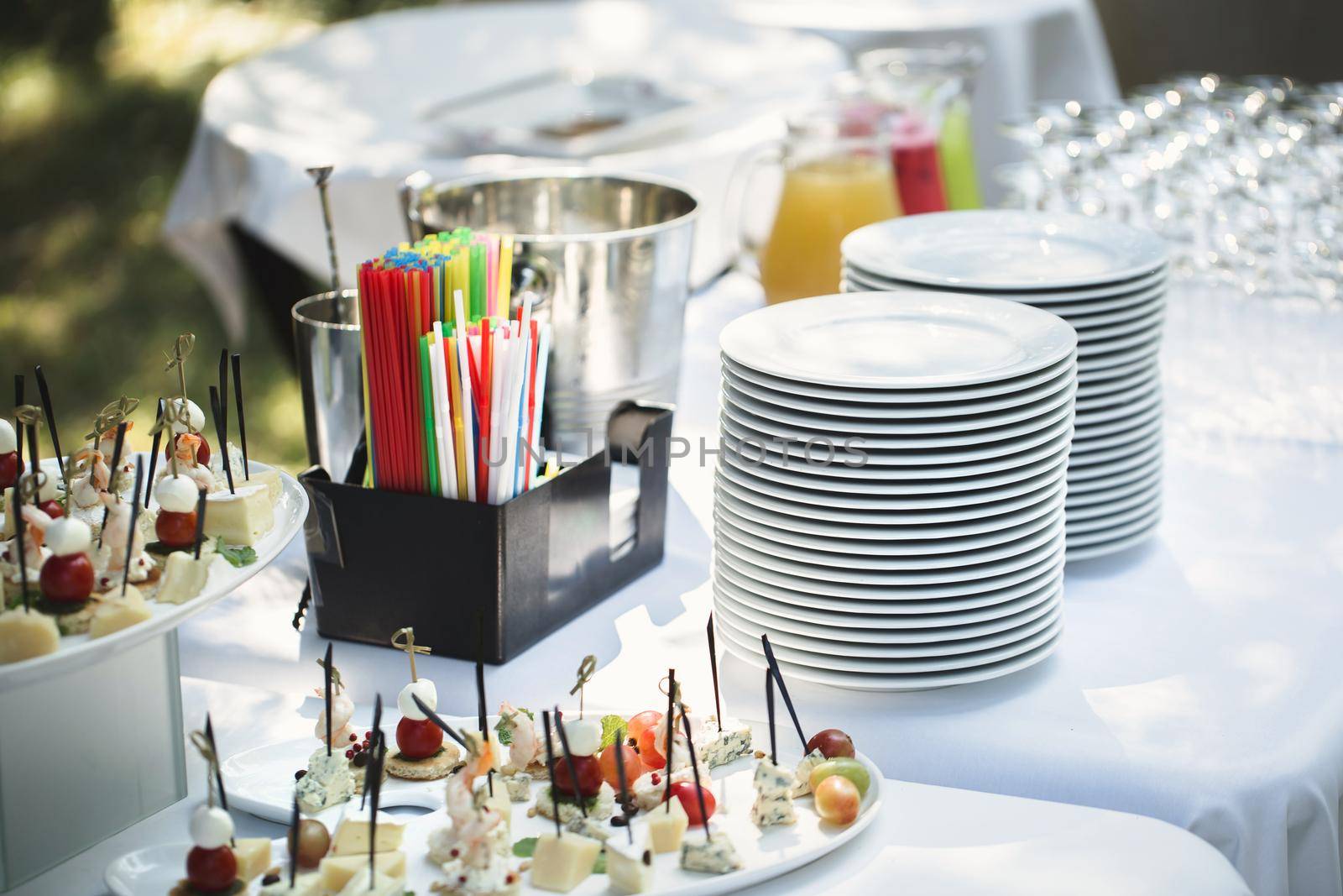 Outdoor catering banquet in summer. Table with snacks, canapes and fruits at a summer banquet