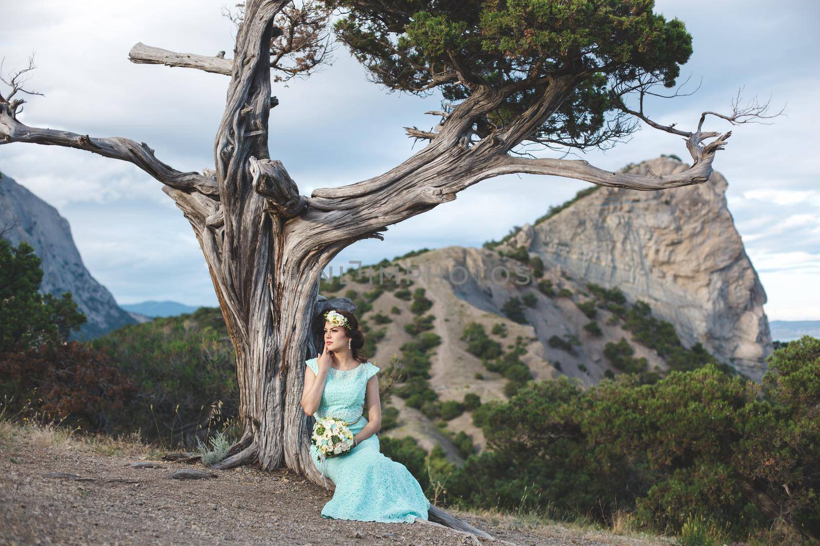 The bride and groom on nature in the mountains near the water. Suit and dress color Tiffany. The bride sits under a tree by StudioPeace