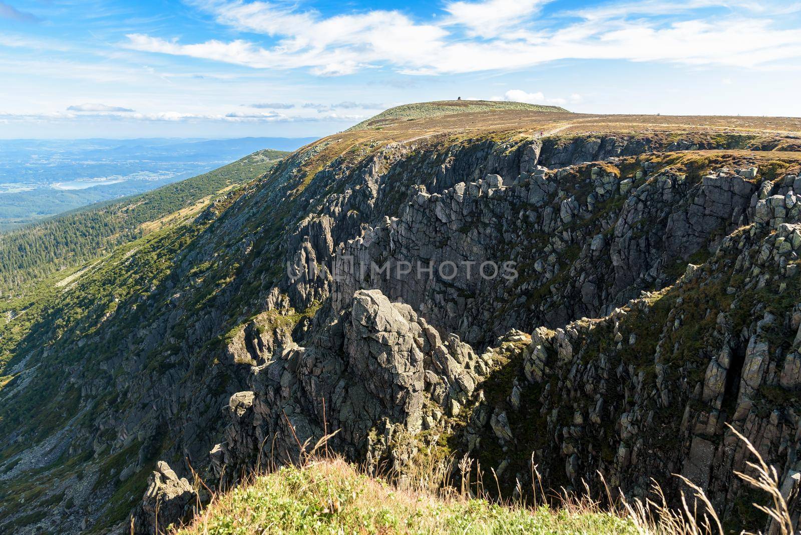Summer landscape of Sniezne Kotly rock formations in polish Giant mountains