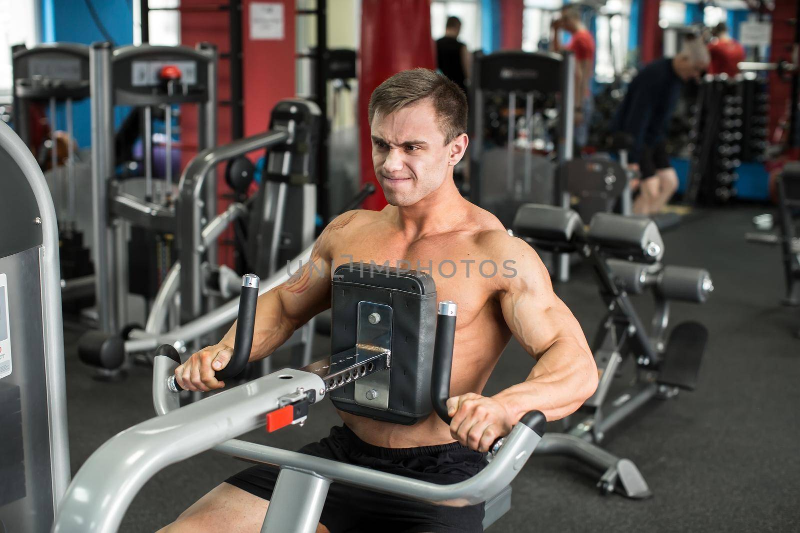 Muscular man working out in gym doing exercises, strong male. by StudioPeace