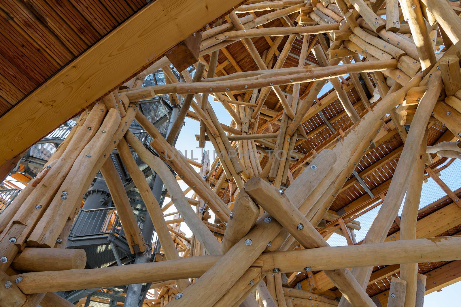 Details of sophisticated wooden tower construction. Abstract background
