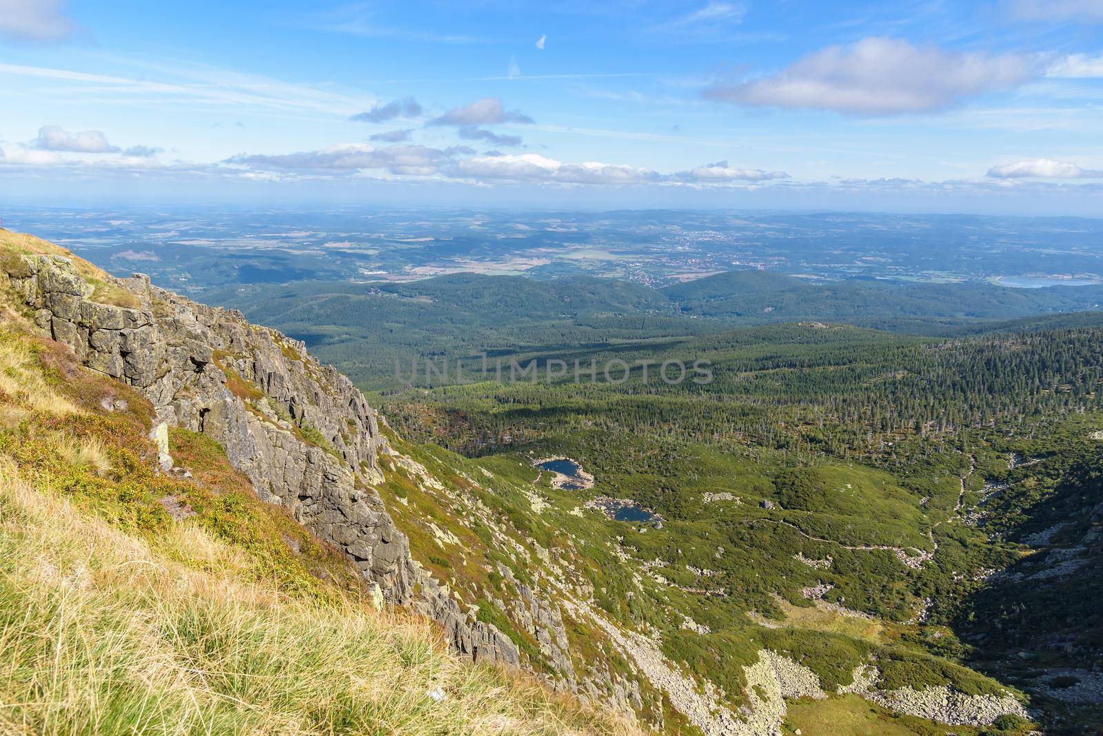 View of Sniezne Stawki in Polish Giant Mountains - small lakes at the bottom of the Sniezne Kotly rock formations