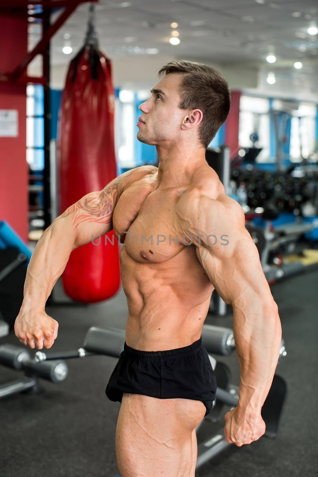 Bodybuilder posing for the camera in the gym. by StudioPeace