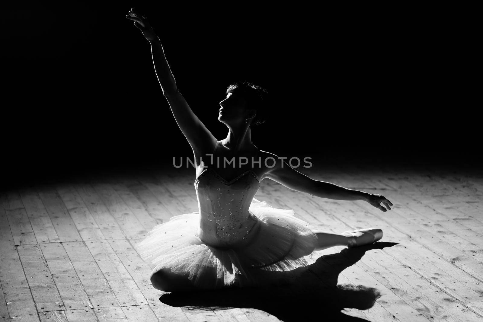 A young beautiful ballerina poses on the stage of the theater. by StudioPeace