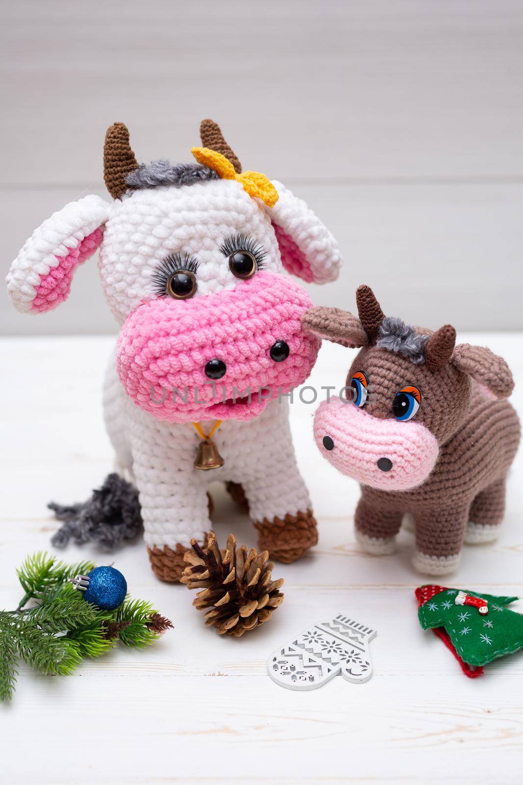 A knitted bull. A soft toy as a symbol of the New Year.