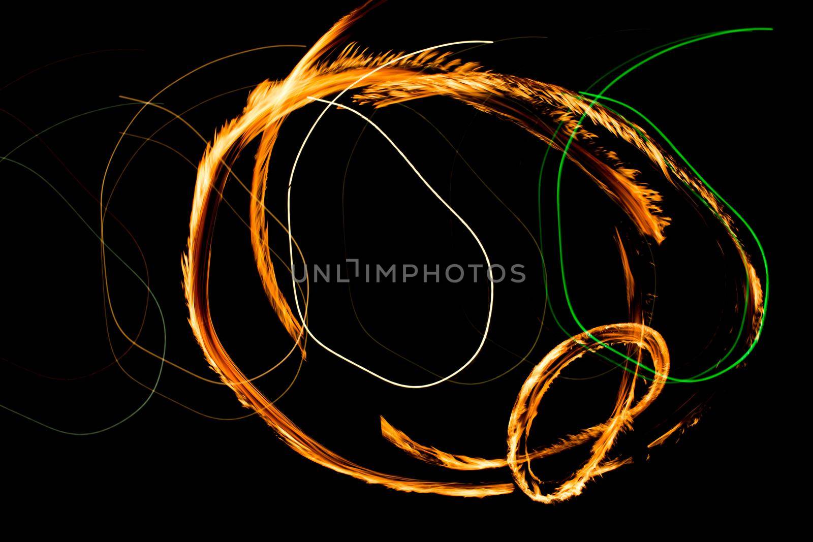 Fire Show Fiery Motion. Night Performance Abstract Drawing