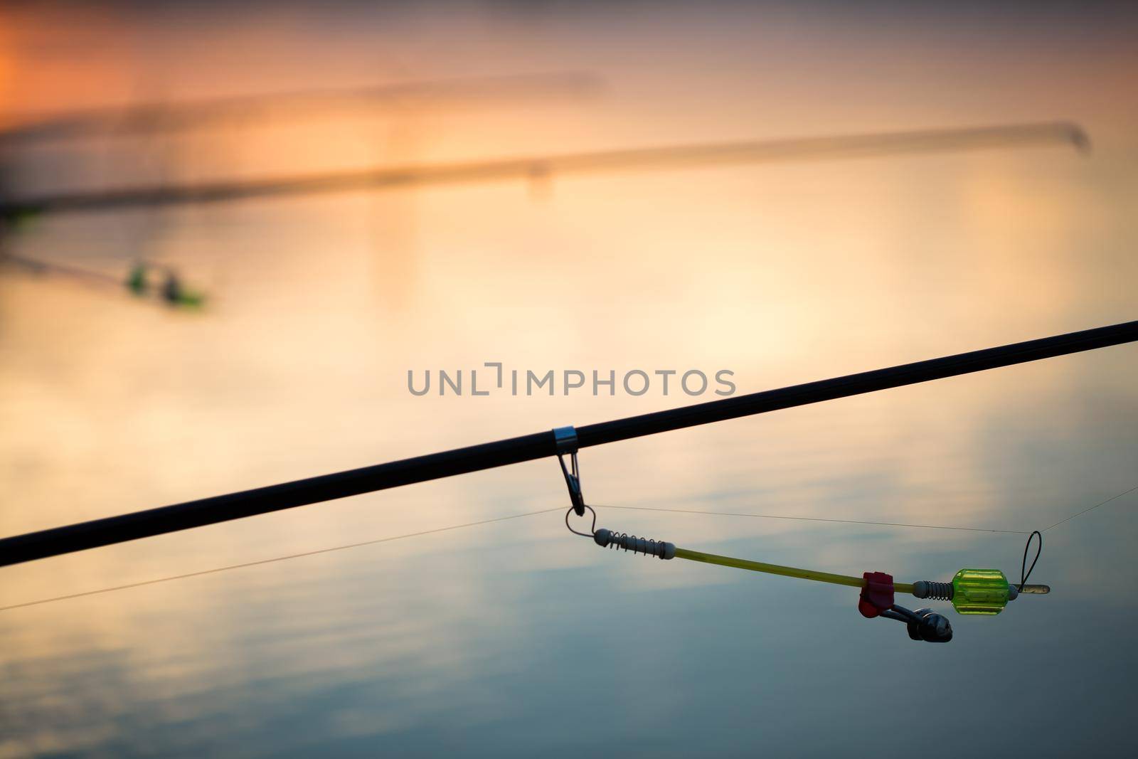 Freshwater fishing with fishing rods on the shore of the pond, lake. by StudioPeace