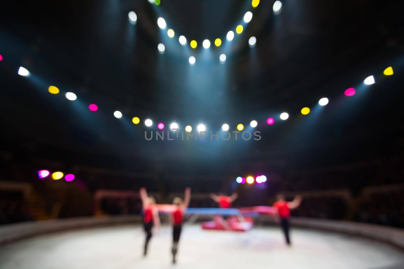 Acrobats in the circus arena. Blurred background