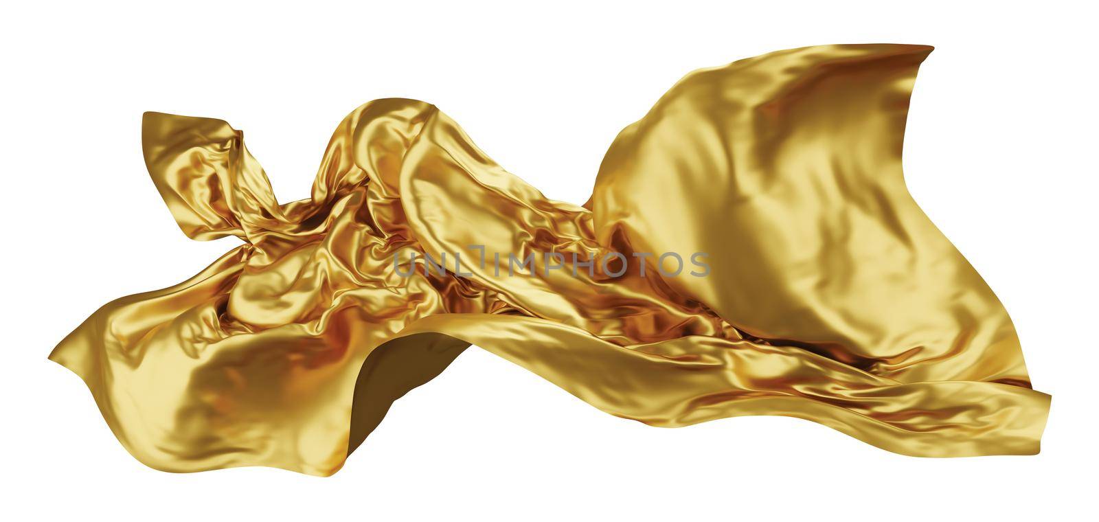 Gold fabric flying in the wind isolated on white background 3D render