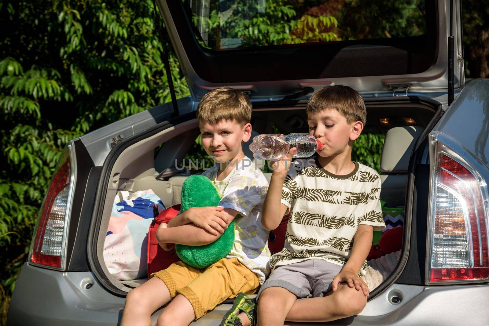 Two happy children boy and his brother sitting together in a car trunk. Cheerful kids hugging each other in family vehicle luggage compartment. Weekend travel and holidays concept.