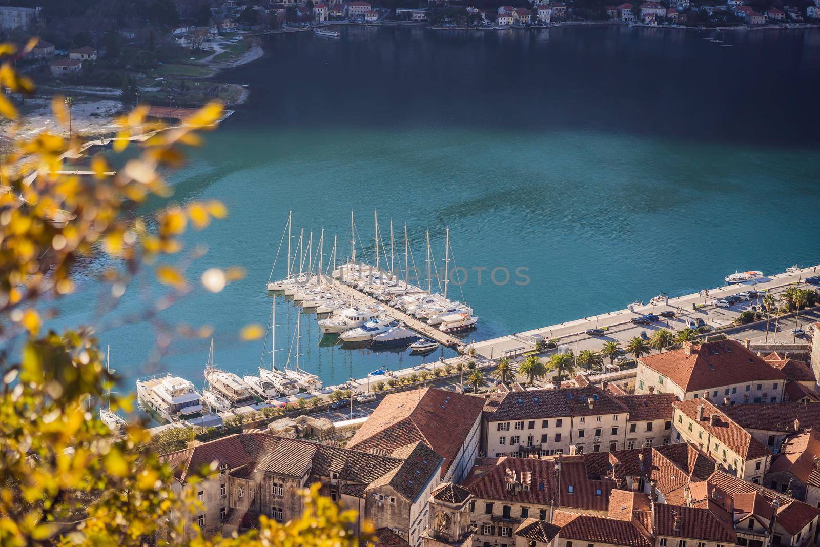 Old city. Kotor. Montenegro. Narrow streets and old houses of Kotor at sunset. View of Kotor from the city wall. View from above.