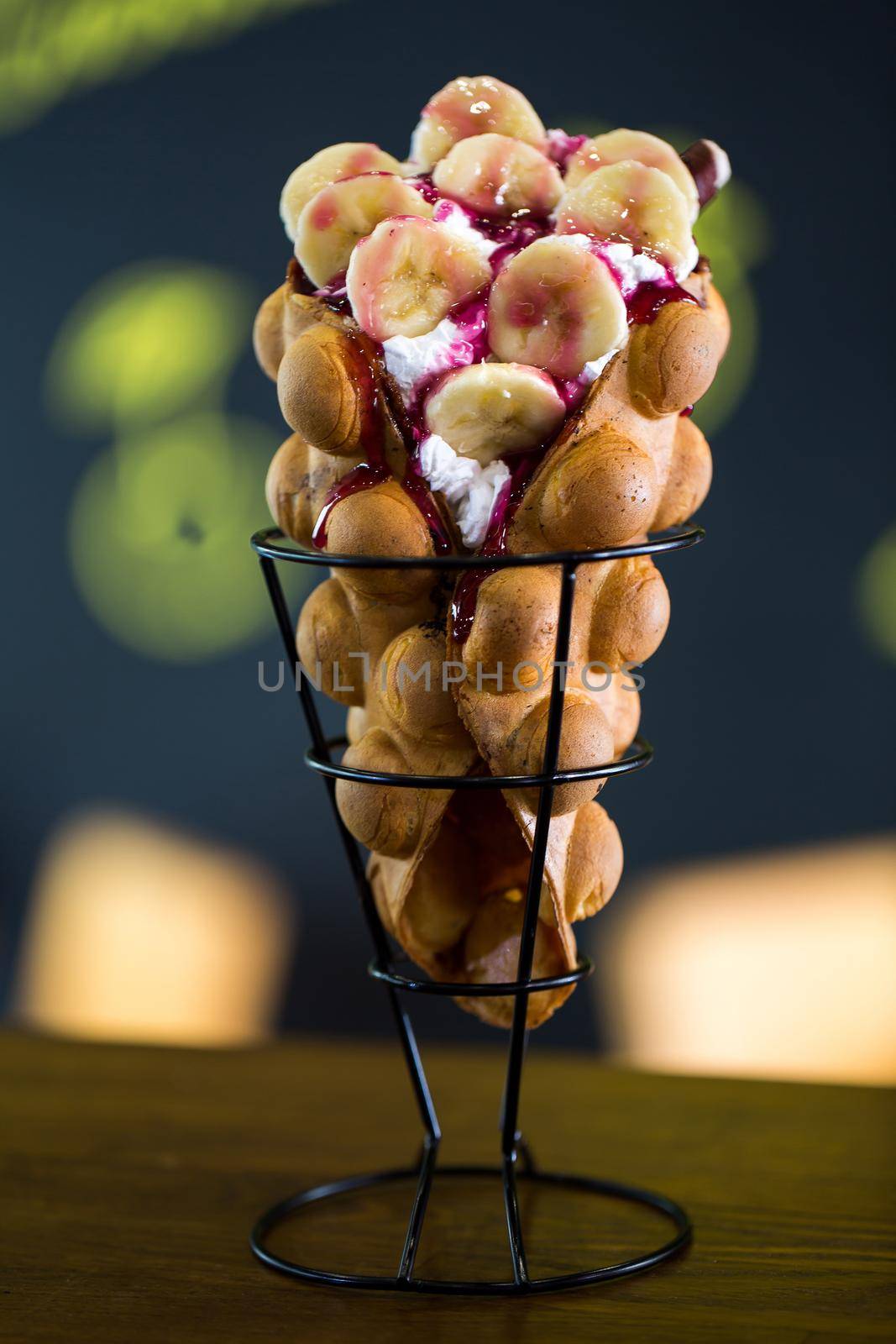 Hong Kong style egg waffle with fresh fruit and ice cream