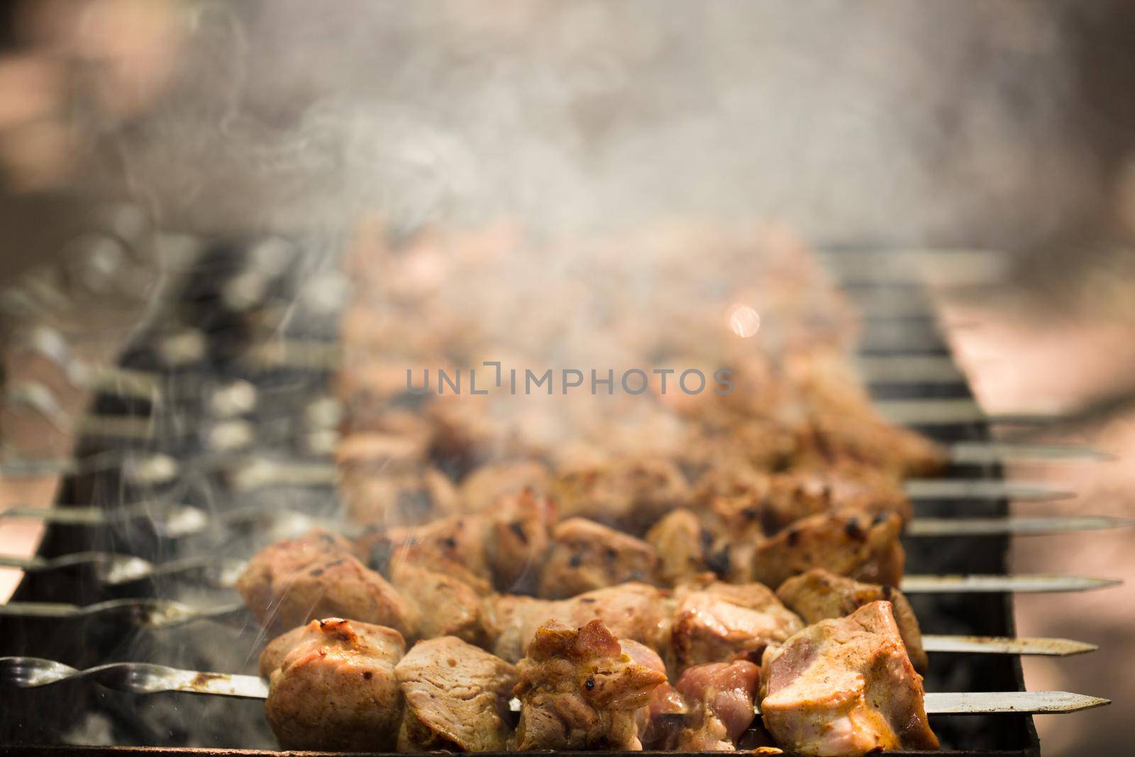 Marinated shashlik preparing on a barbecue grill over charcoal. Shashlik or Shish kebab popular in Eastern Europe. Shashlyk skewered meat was originally made of lamb. Roast Beef Kebabs On BBQ Grill. by StudioPeace