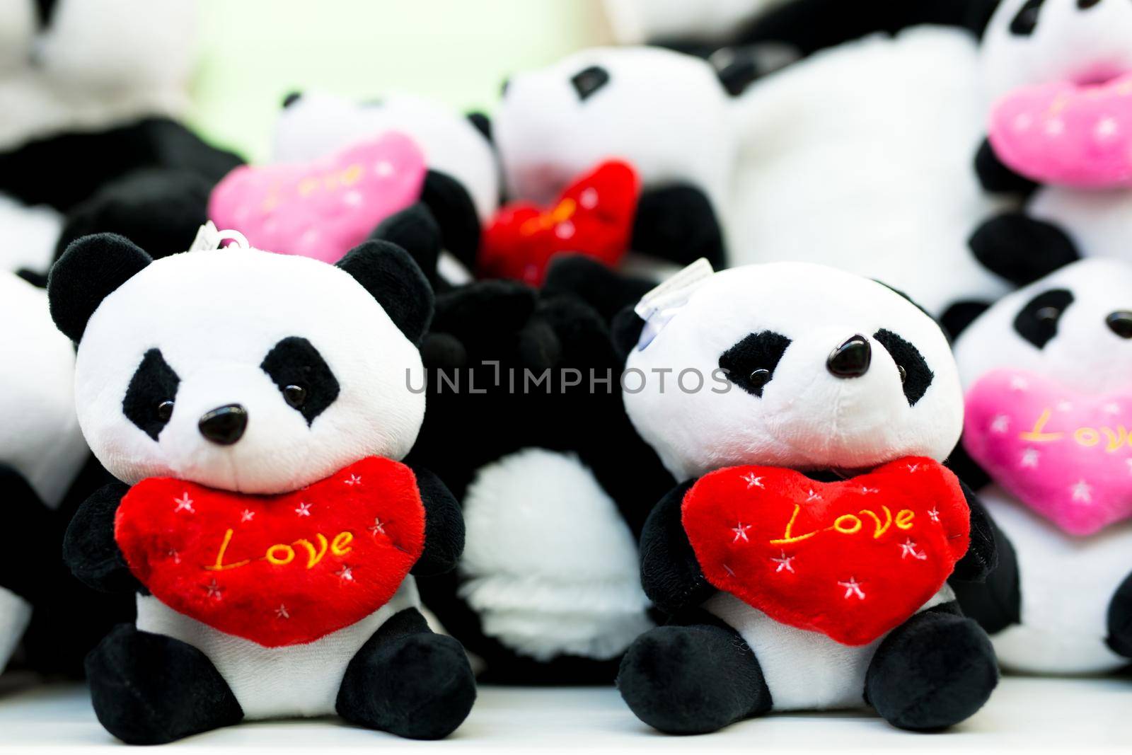 Sale of soft plush toys on the supermarket counter