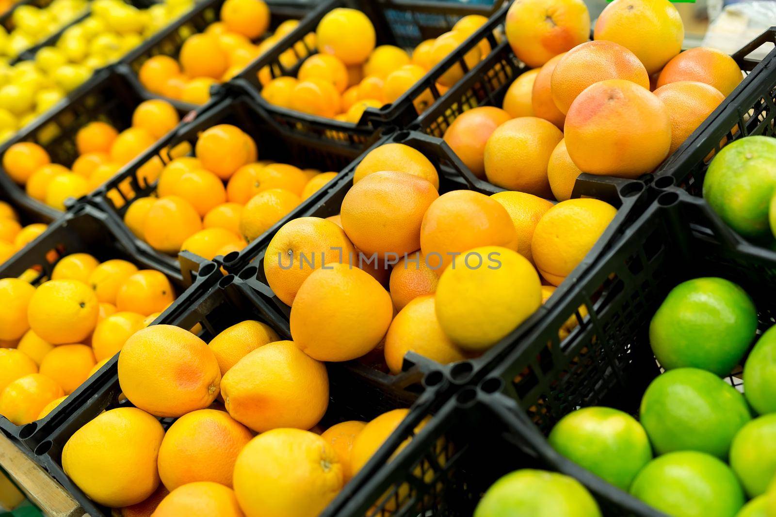 Fresh citrus are on the shelf in the store. a variety of citrus fruits. oranges, tangerines, lime, lemons. supermarket. by StudioPeace